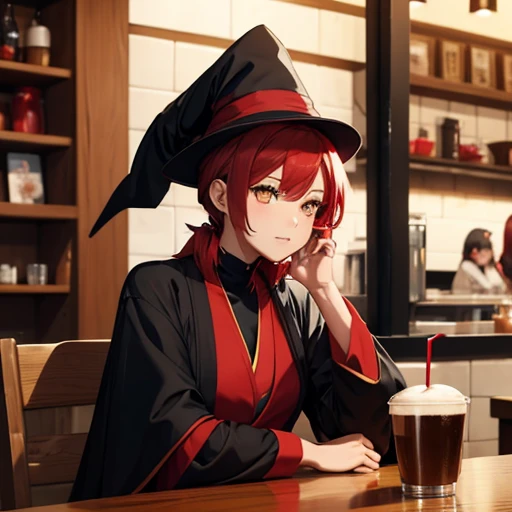 Female character, red hair, short hair,ponytail,Witch red Hat, black wizard robe,golden eyes,Drink coffee elegantly,At a cafe