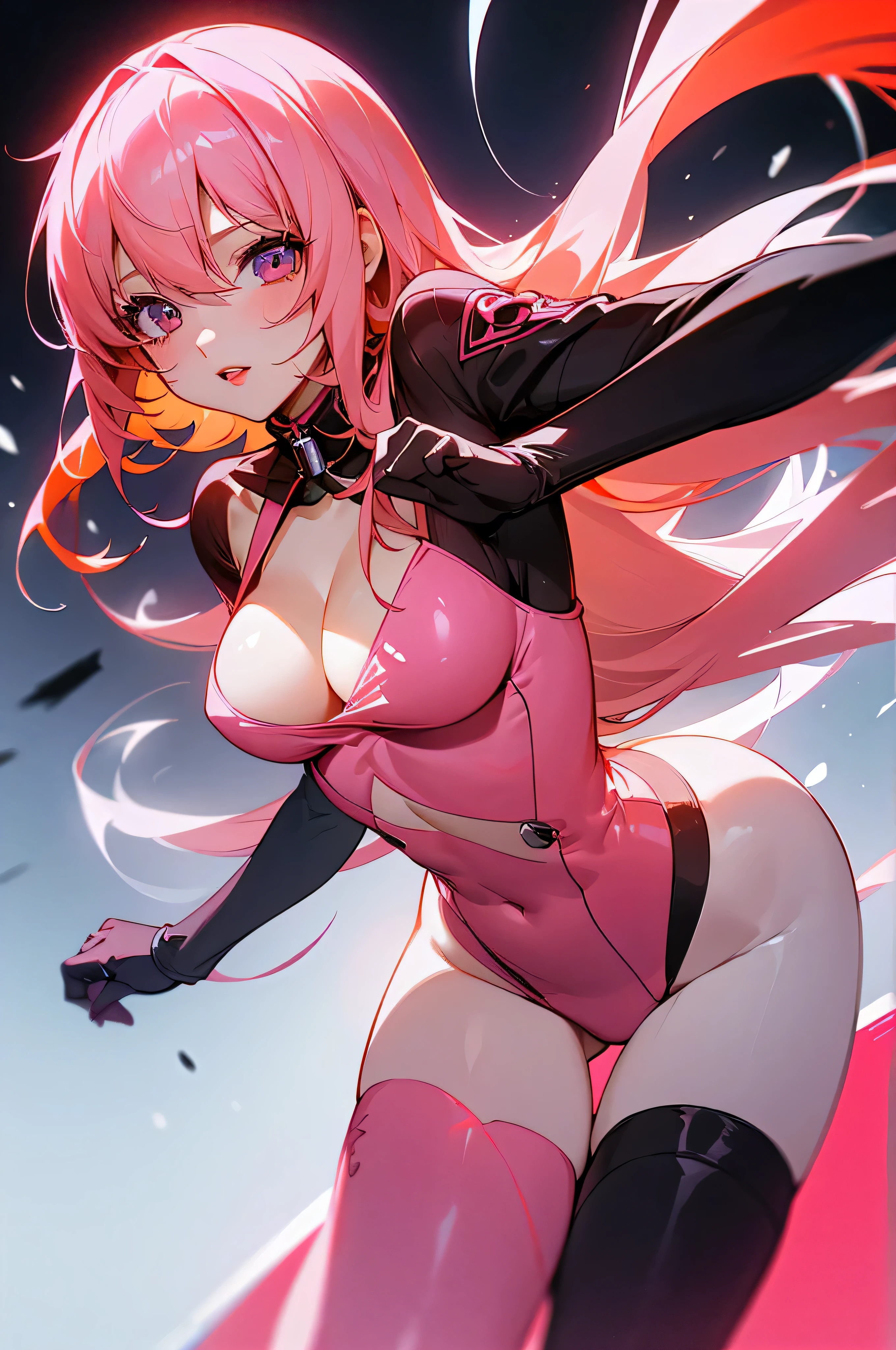 women only、Medullary wounds'the feeling of、long hair、orange hair、tight tights、gently、red lipstick、looking at camera、eyes are pink、cleavage、Neon feeling、neon laser、white people、White color、skin like snow、pure white hair、dark city、dark atmosphere、