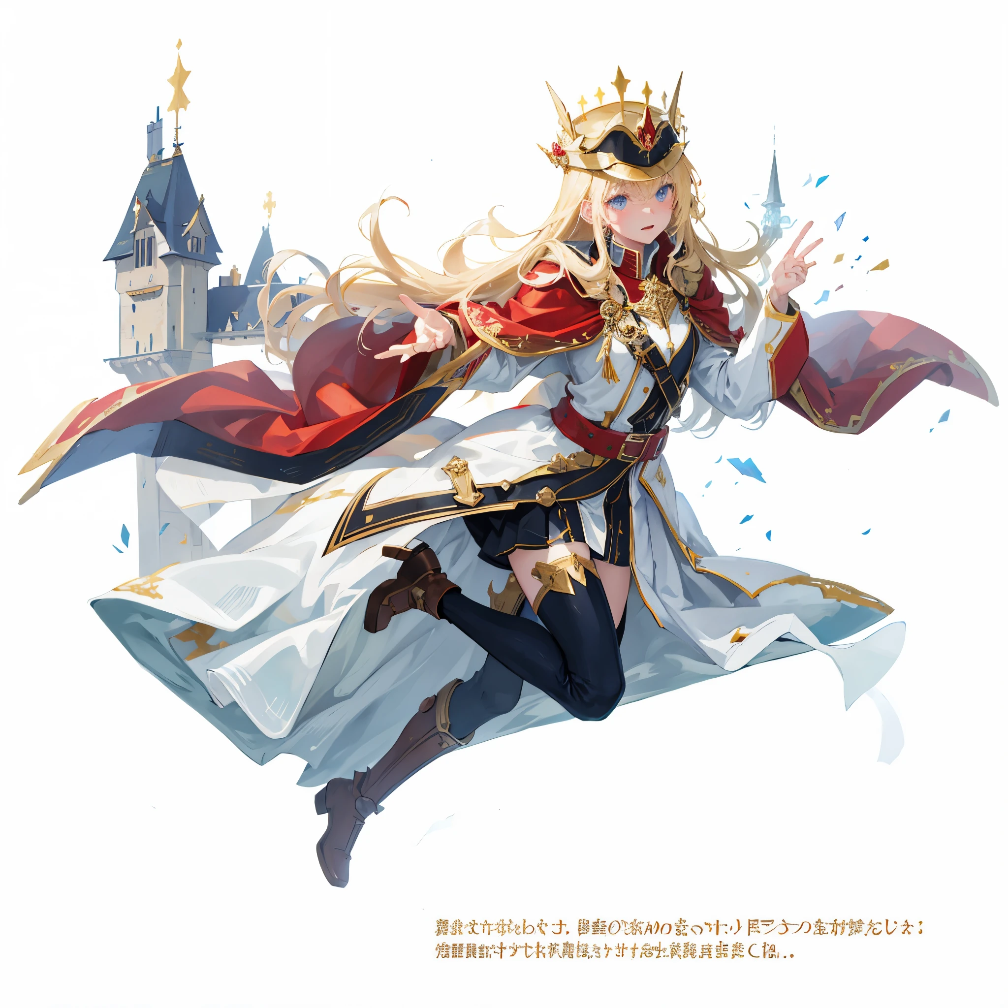O sign,masterpiece,(on white background:1),a blonde girl,red cloak,white military uniform,oh, God,fantasy,high quality,Very detailed,masterpiece,epic,particle effects,dynamic effect,Radial castle in the background