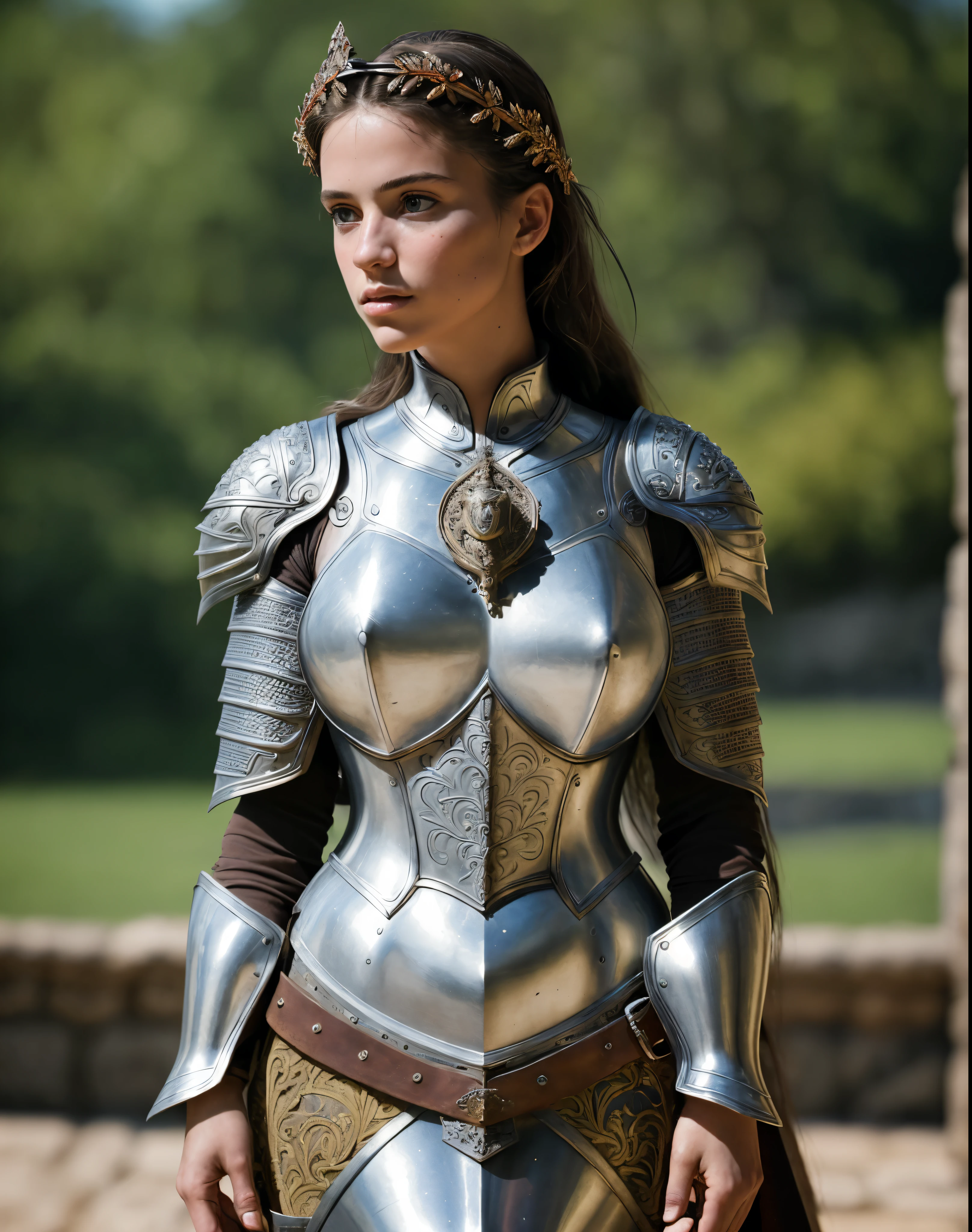 (masterpiece), (extremely intricate:1.3),, (realistic), portrait of a girl, the most beautiful in the world, (medieval armor), metal reflections, upper body, outdoors, intense sunlight, far away castle, professional photograph of a stunning woman detailed, sharp focus, dramatic, award winning, cinematic lighting, octane render, unreal engine, volumetrics dtx, (film grain, bokeh, blurry foreground, blurry background), crest on chest