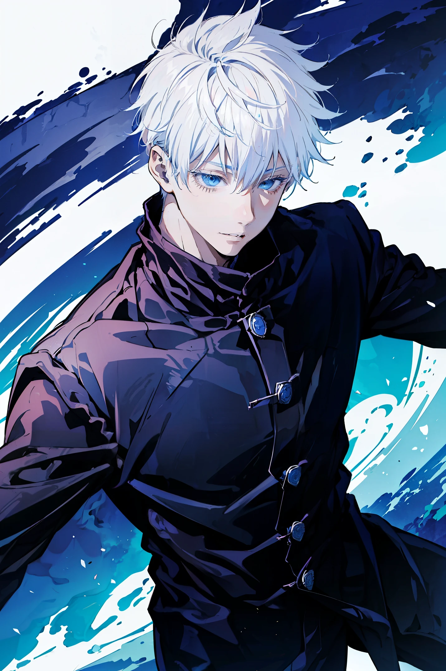 (absurderes, A high resolution, ultra - detailed, hdr), tmasterpiece, NSFW, Best quality, jujutsu kaisen, Satoru Gojo, 1 person only in battle, goodlooking, short  hair, whaite hair, vibrant blue eyes, Fine eyes and a delicate face, (((fires, yeero, On your back)) armure, ((Intricate weapons)). Final Fantasy, Abs, badass posture, Anime boy holding a sword in both hands, Anime pose fighting, Handsome anime, male anime character, Badass anime 8K, detailed anime character art, High density iconography review anime concept anime McManus, Anime boys, ikuto yamashita, Anime CG soft art, manga wallpaper 4k, Inspired by Hiroshi Yamagata, anime wallaper