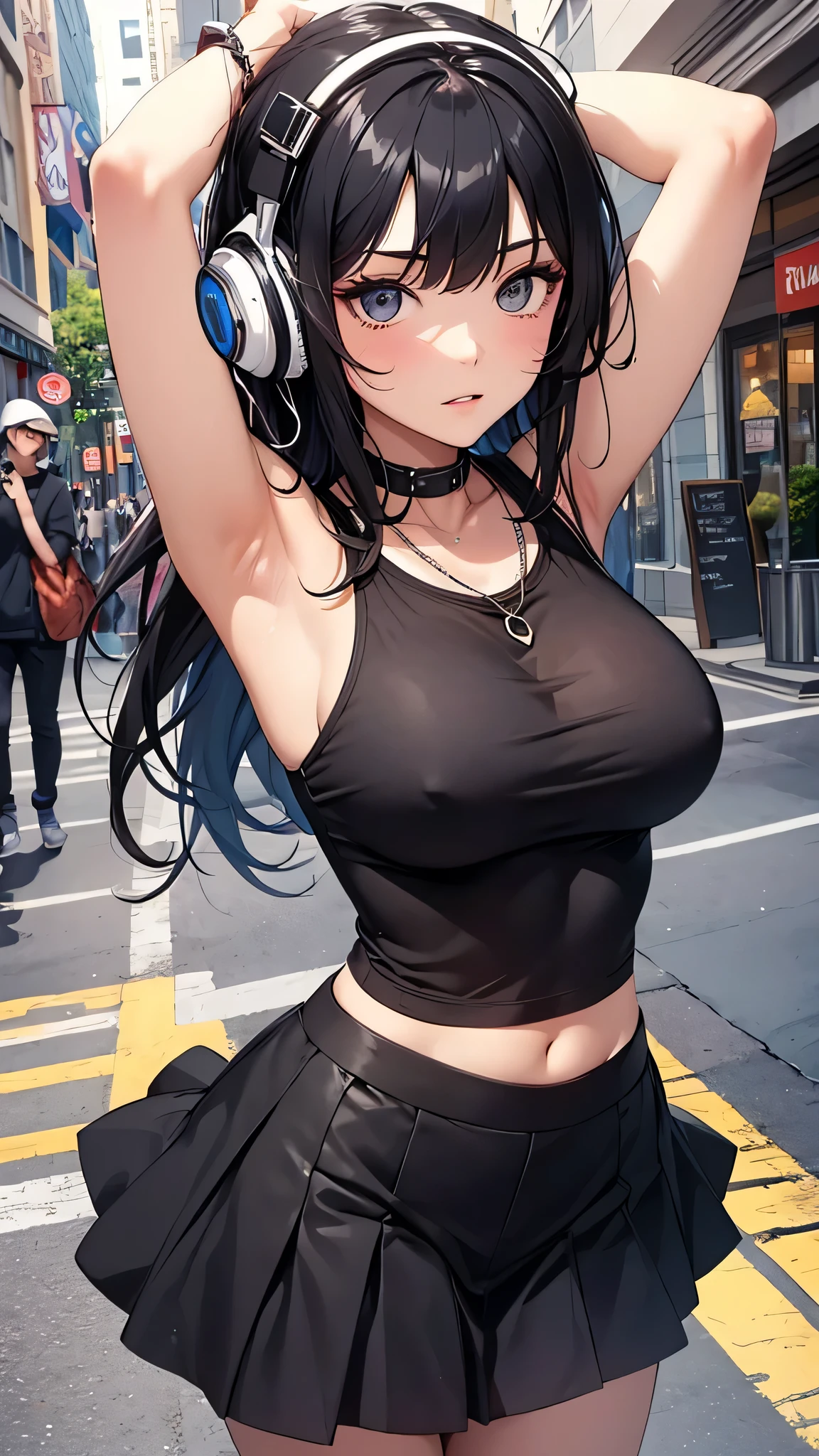 highest quality、Highest image quality、masterpiece、age girl((18-year-old、 Agar、vest bust、medium bust,wide open breast tea、Black eyes, black hair、long hair、slender,highest valley、cute makeup、Black short skirt、Red spats、fluttering hair、White navel tank top、chain accessories、DJ、headphones,break dance)),high quality、beautiful art、background((Live on the street、galleries)),muste piece、Depth of written boundary、movie、visual art、perfect art、