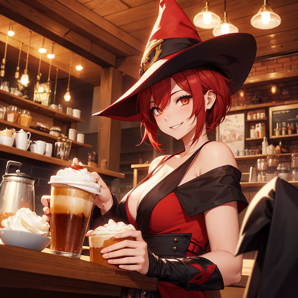 Female character, red hair, short hair,ponytail,Witch red Hat, black wizard robe,golden eyes,Drink coffee elegantly,At a cafe,Lustful smile,alone