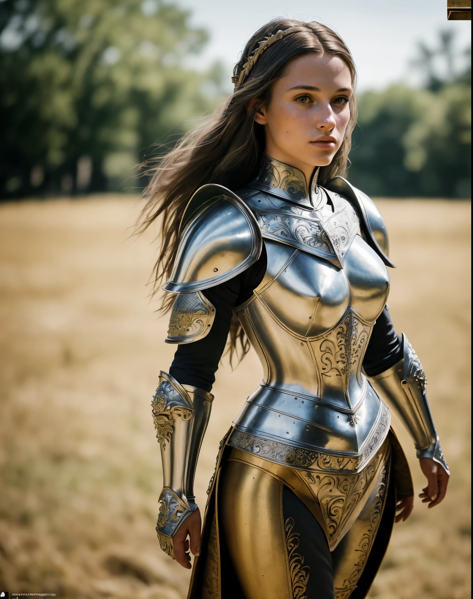 (masterpiece), (extremely intricate:1.3),, (realistic), portrait of a girl, the most beautiful in the world, (medieval armor), metal reflections, upper body, outdoors, intense sunlight, far away castle, professional photograph of a stunning woman detailed, sharp focus, dramatic, award winning, cinematic lighting, octane render, unreal engine, volumetrics dtx, (film grain, bokeh, blurry foreground, blurry background), crest on chest, ((full body))