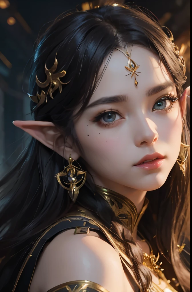 Extremely detailed, women, elven, British middle eastern women, beautiful body, wearing traditional dress(gray and golden), beautiful sexy greenish gray eyes, sexy look, light pink lips, open mouth smile,