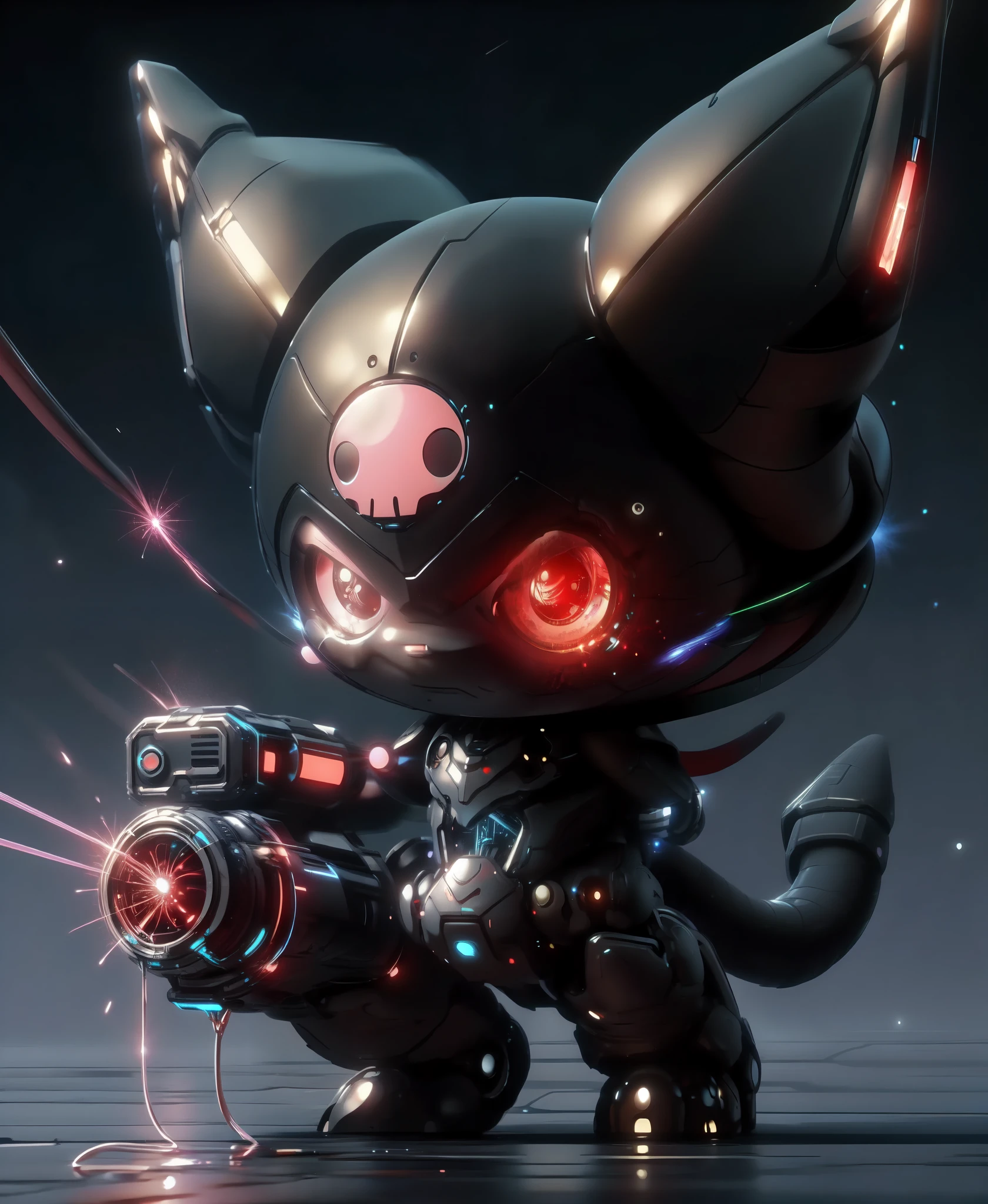 ((kuromi)), detailed, ultra-detailed, masterpiece, 8k wallpaper, (bio mecha:1.5), (mecha:1.4), no humans, simple background, mecha, laser, solo, science fiction, glowing, dripping, cable, weapon