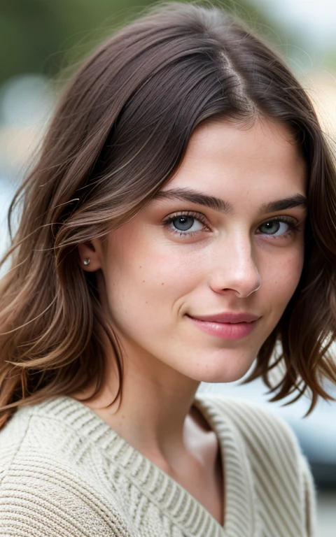 brunette wearing beige sweater, very detailed, 21 years old, innocent face, natural wavy hair, blue eyes, high resolution, masterpiece, best quality, intricate details, highly detailed, sharp focus, detailed skin, realistic skin texture, texture, detailed eyes, professional, 4k, charming smile, filmed in Canon, 85mm, shallow depth of field, kodak vision color, perfect fit body, extremely detailed, foto_\(ultra\), photorealistic, realistic, post-processing, maximum detail, roughness, real life, ultra realistic, photorealism, photography, 8k uhd, photography
