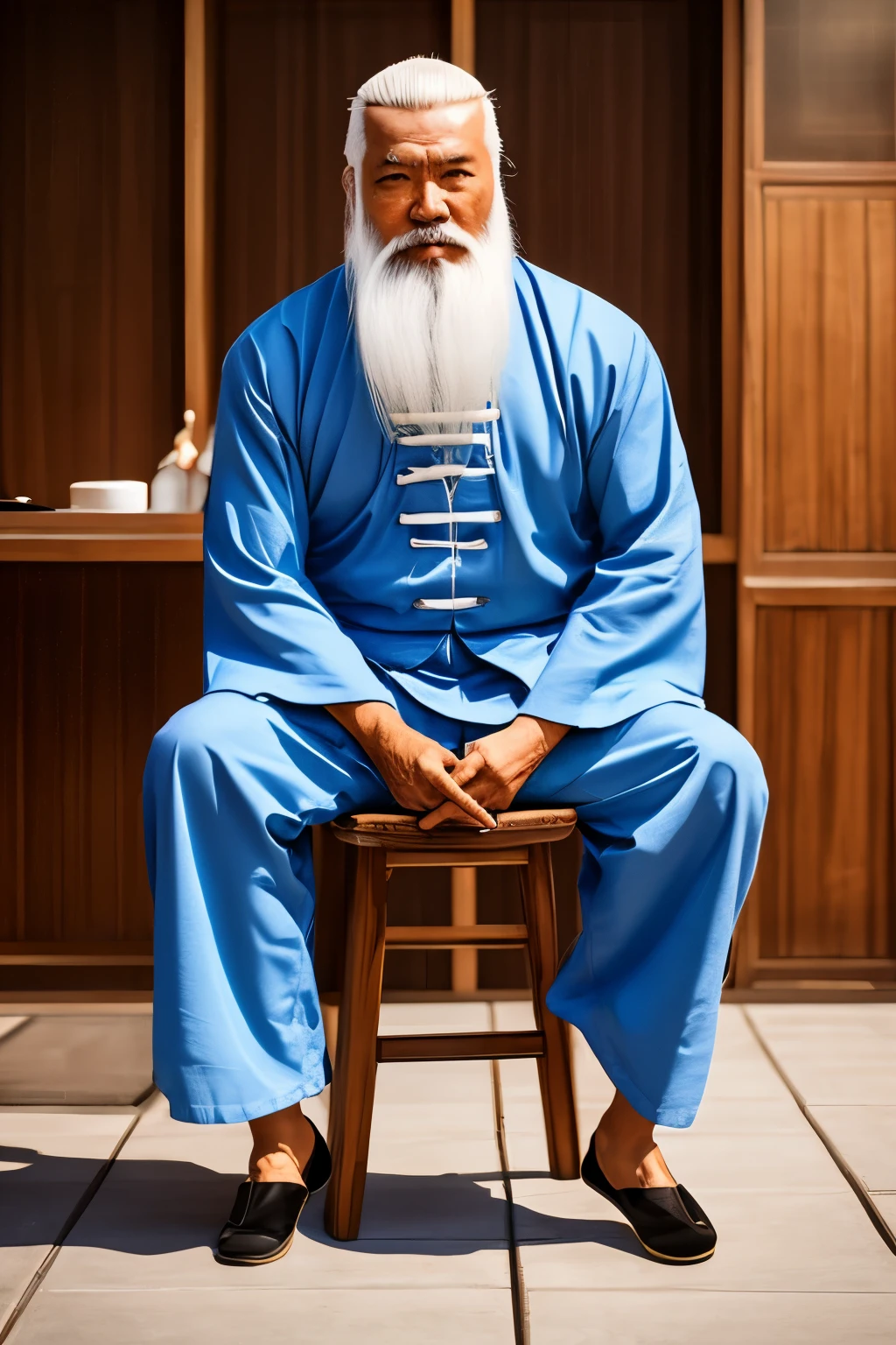 Shaolin teacher with white hair and white beard sits on a stool