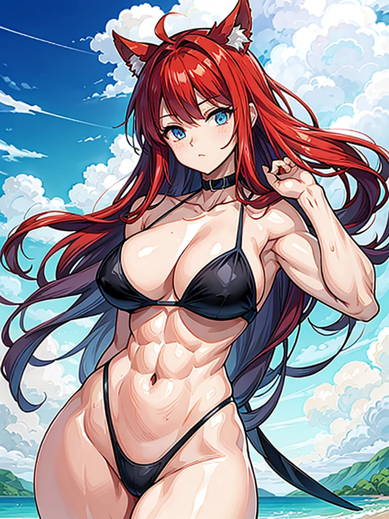 （（（masterpiece、Highest image quality、highest quality、highly detailed unity 8ｋwallpaper）））、（（Illustration of one girl））、（（（beautiful girl）））、（（red hair、Braid、sidelocks：1.2、blue eyes））、（stocky build, thickset physique, muscular legs, broad shoulders, solid chest）、swimsuit、sandy beach