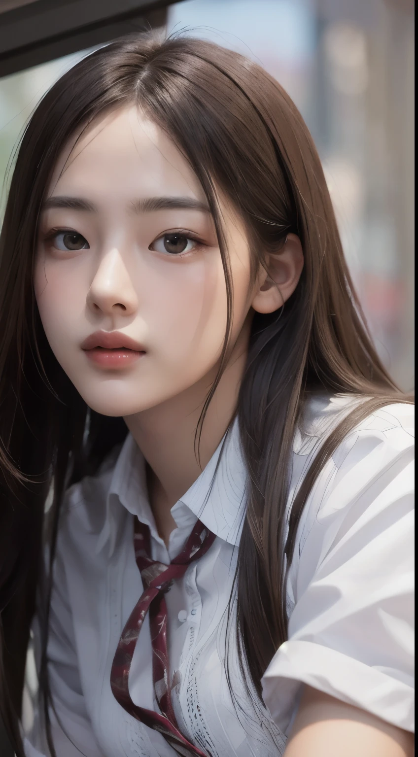 realistic, table top, highest quality, RAW photo, 1 girl, alone, long hair, brown hair, detailed face, fascinating face, From thigh up、collared shirt, medium breasts, dynamic pose, looking at the viewer, from below, detailed background, Detailed, intricate details, ray tracing, Depth of the bounds written, low key, nffsw