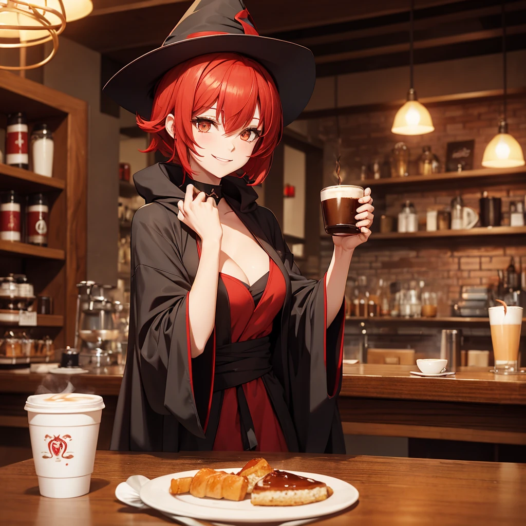 Female character, red hair, short hair,ponytail,Witch red Hat, black wizard robe,golden eyes,Drink coffee elegantly,At a cafe,Lustful smile,alone