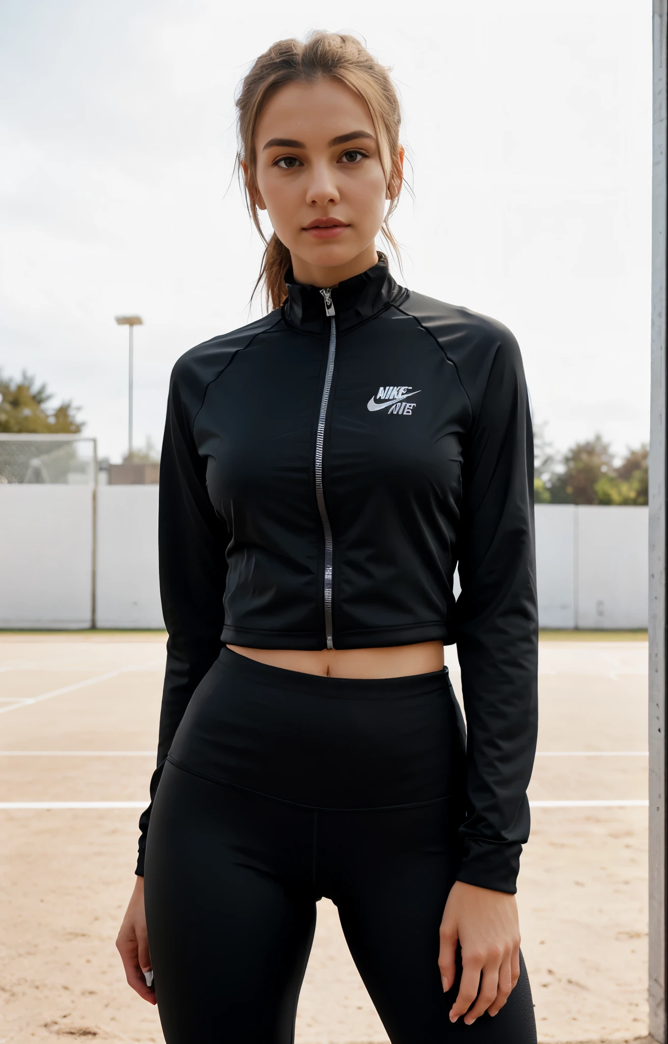 a woman in a black top and black pants posing for a picture, nike cycling suit, sports clothing, nike shirt, sport clothing, sleek!!!, wearing black tight clothing, skintight black clothes, cute sportswear, nighttime!, subtle wear - and - tear, sports jacket, texture, tech wear!!!, two piece workout clothes, long sleeves, professional sports style, full body, UHD, 8k , ultrarealistic, beautiful perfect face, middle size breast, staying outside infront of a wall, natural light, natural detailed skin, detailed body, beautiful charming look, outside, parkplatz