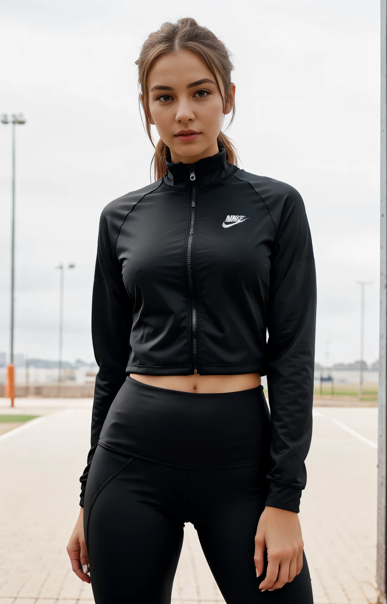 a woman in a black top and black pants posing for a picture, nike cycling suit, sports clothing, nike shirt, sport clothing, sleek!!!, wearing black tight clothing, skintight black clothes, cute sportswear, nighttime!, subtle wear - and - tear, sports jacket, texture, tech wear!!!, two piece workout clothes, long sleeves, professional sports style, full body, UHD, 8k , ultrarealistic, beautiful perfect face, middle size breast, staying outside infront of a wall, natural light, natural detailed skin, detailed body, beautiful charming look, outside, parkplatz