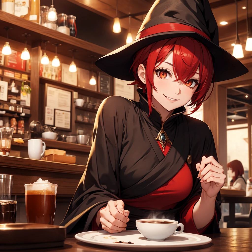 Female character, red hair, short hair,ponytail,Witch red Hat, black wizard robe,golden eyes,Drink coffee elegantly,At a cafe,Lustful smile,alone