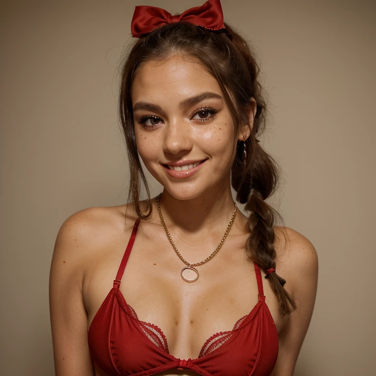 Jessica Degg short chubby face brunette long ponytail straight hair Caucasian freckles fake tan eyelashes dark eyes eyeshadow make up smiling jewellery short chains cute red lingerie bows