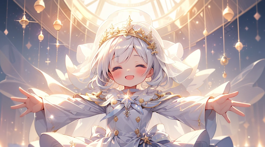  pearl master piece, super detailed、highest quality, highest resolution、excellent anatomy、nice、three girls, (((closed my eyes))), short hair, pastel colour、idol type、hold the microphone with both hands、cute one piece、sparkling eyes、a smile that charms you、Spotlight、glitter stage.(white veil:1.5), (open arms pose:1.6), (((chibi character))), (((deformed))), (divine light effect:1.3), (sparkle effect:1.3), (holy light:1.5), (holy lightのオーラ:1.5), (holy lightのフィールド:1.1), (holy lightの魔法:1.2) ,(magic circle:1.2), (rays of light at dusk:1.5), (white background)
