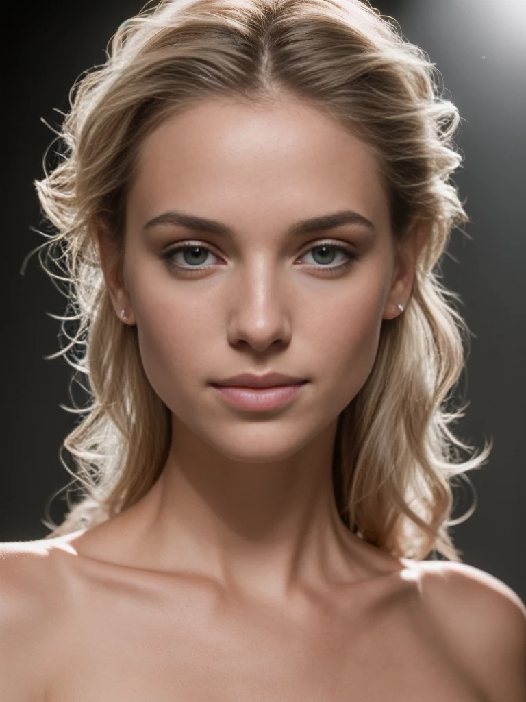 Generate a portrait photo of a beautiful 25 y.o. blonde female that achieves undoubted photorealism, rule of thirds, realistic perfect face,The skin have a complex texture map that includes pores, moles, fine lines, and slight variations in pigmentation, with a multiscale roughness map to simulate varying levels of shininess and matte across the face. Implement advanced subsurface scattering techniques to emulate the semi-translucent property of skin with irregular diffusion, especially around the nose and ears. Render the hair with a physics-based simulation that reflects the natural grouping and adhesion of strands, varying in transparency and glossiness. The eyes have a deep-set look, with a multi-layered iris texture that includes fine fibrous details and an irregular, non-uniform catchlight reflecting a realistic light environment. Include micro-veins in the sclera with subtle color gradients to mimic the natural variance in human eyes. Ensure facial symmetry is not absolute, introducing micro-variations in the position and scale of features to reflect the natural asymmetry of a real human face. The lips have a detailed texture map that defines dry versus moist areas,causing light to scatter differently across them.Employ a dynamic range lighting setup that casts defined but soft-edged shadows to sculpt the facial features, using a combination of a strong key light and a softer fill light to create a realistic interplay of light and shadow. Include ambient occlusion particularly in areas where the hair casts a shadow on the forehead, and where the neck meets the jaw. The final render should incorporate environmental lighting effects, reflecting subtle colors from the surroundings onto the skin, and should be free from any noise or rendering artifacts. Capture this with the precision of a full-frame sensor camera, through an 85mm prime lens set at f/2.0 for a shallow depth of field,rendering a softly blurred background
