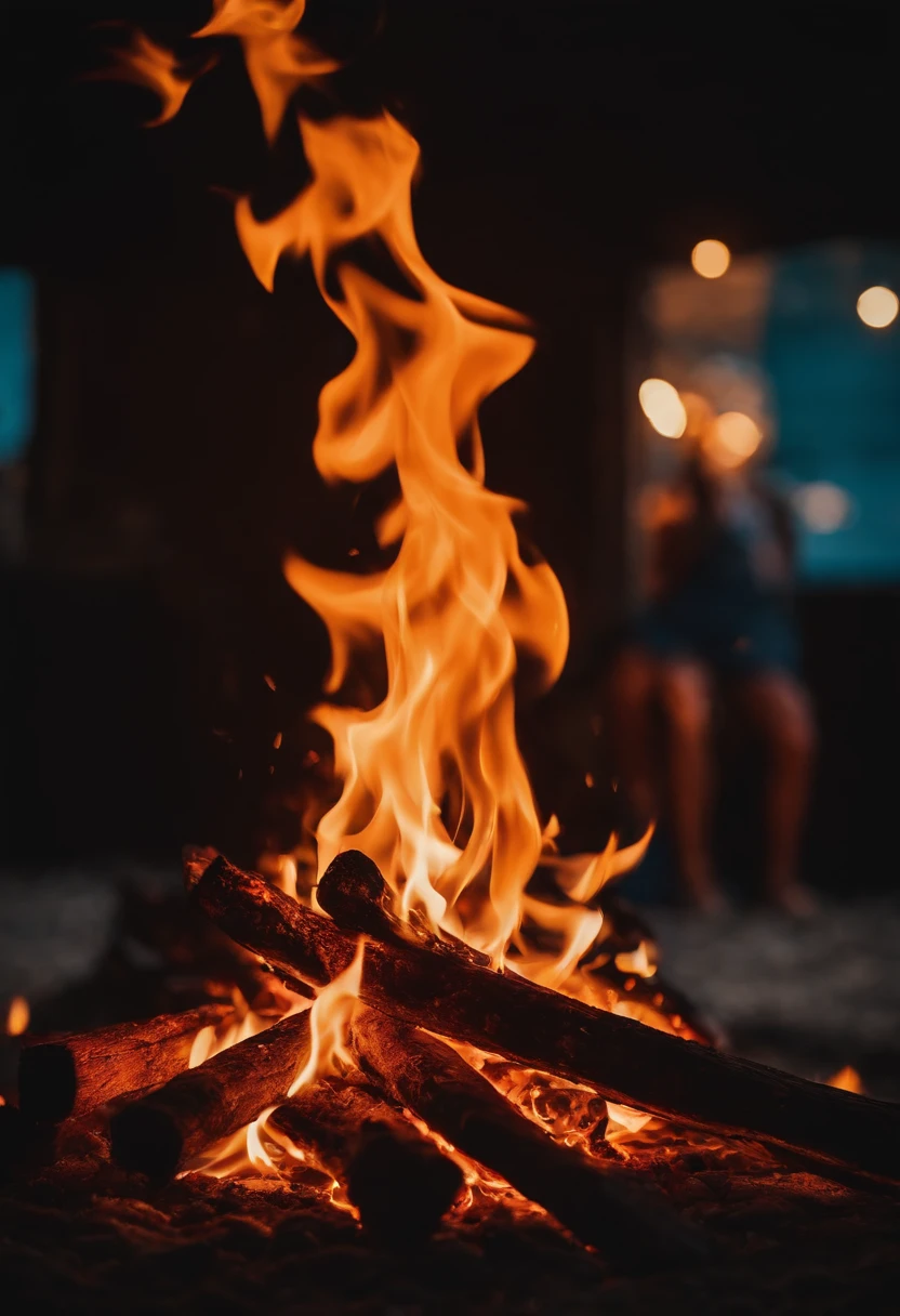 a close-up shot of the flames in a bonfire, emphasizing the vibrant colors, intricate patterns, and the mesmerizing dance of the fire