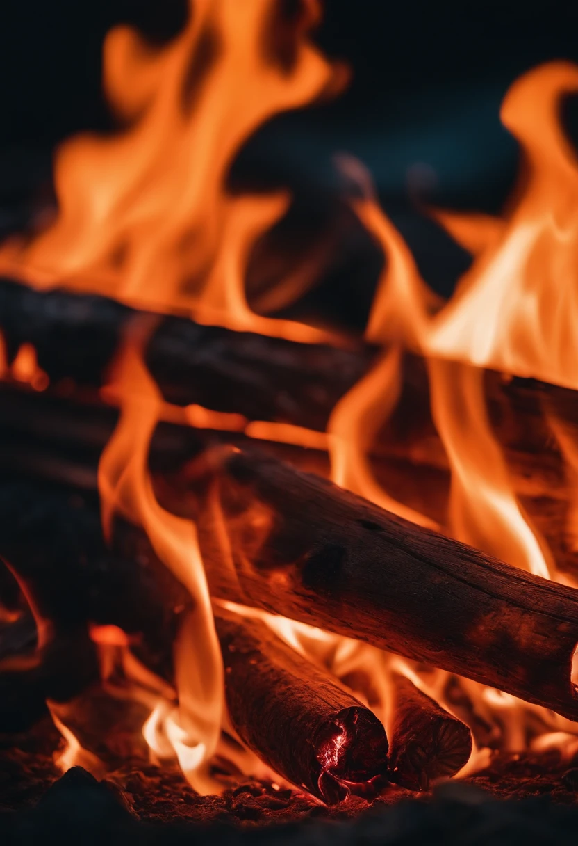 a close-up shot of the flames in a bonfire, emphasizing the vibrant colors, intricate patterns, and the mesmerizing dance of the fire