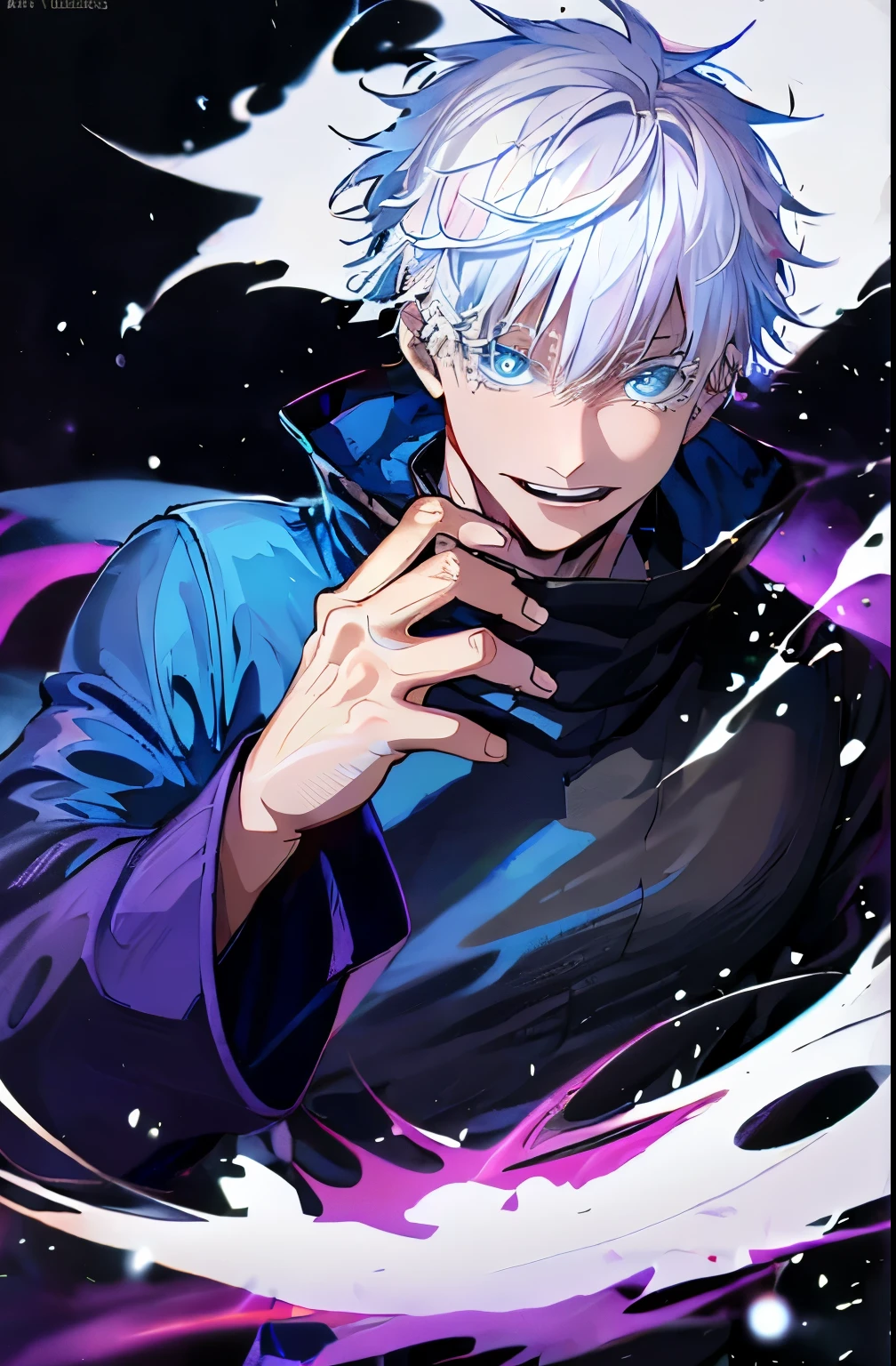 masutepiece, Best Quality, (Anime), (Illustration), (1 man), mature man, japanese anime style, (Modern Japan Men), (Russ Mills Style), (Messy short hair with bangs), (White hair), (White skin), (Bright blue eyes), Handsome, (Black clothes, Smooth T-shirt) Drop a ball of purple light energy with your finger,El Trick Powers,  Hand Signs, (Chiaroscuro), Fine facial details, Cinematic lighting,  (depth of fields), nffsw, (Upper body) Purple fushia and blue on background.