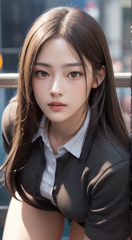 realistic, table top, highest quality, RAW photo, 1 girl, alone, long hair, brown hair, detailed face, fascinating face, From thigh up、collared shirt, medium breasts, dynamic pose, looking at the viewer, from below, detailed background, Detailed, intricate details, ray tracing, Depth of the bounds written, low key, nffsw