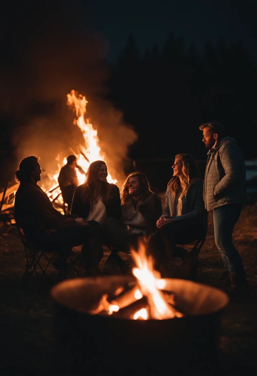 a lifestyle shot of people gathered around a bonfire, showcasing the warmth and camaraderie as they enjoy the glow and heat of the fire