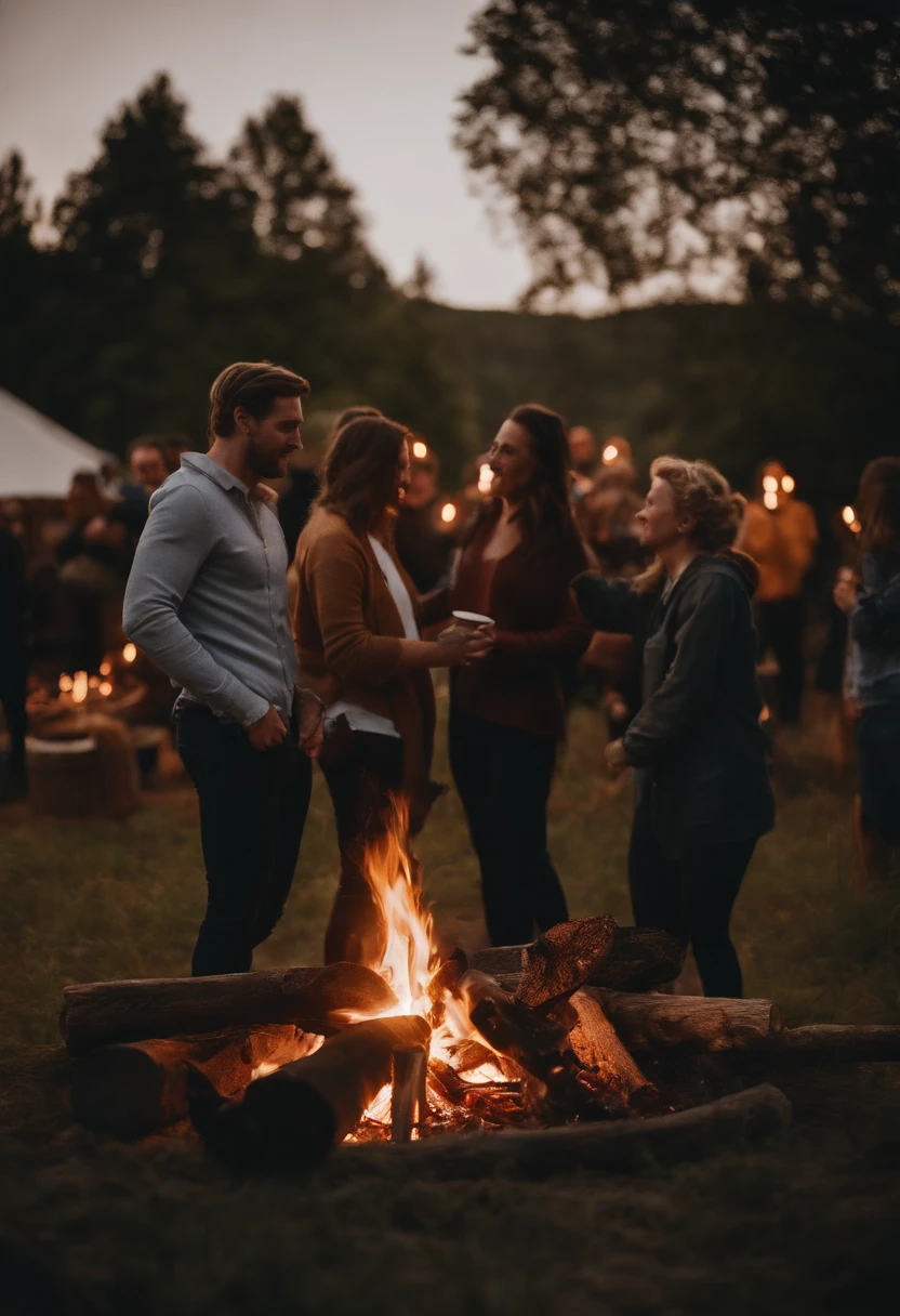 a lifestyle shot of people gathered around a bonfire, showcasing the warmth and camaraderie as they enjoy the glow and heat of the fire