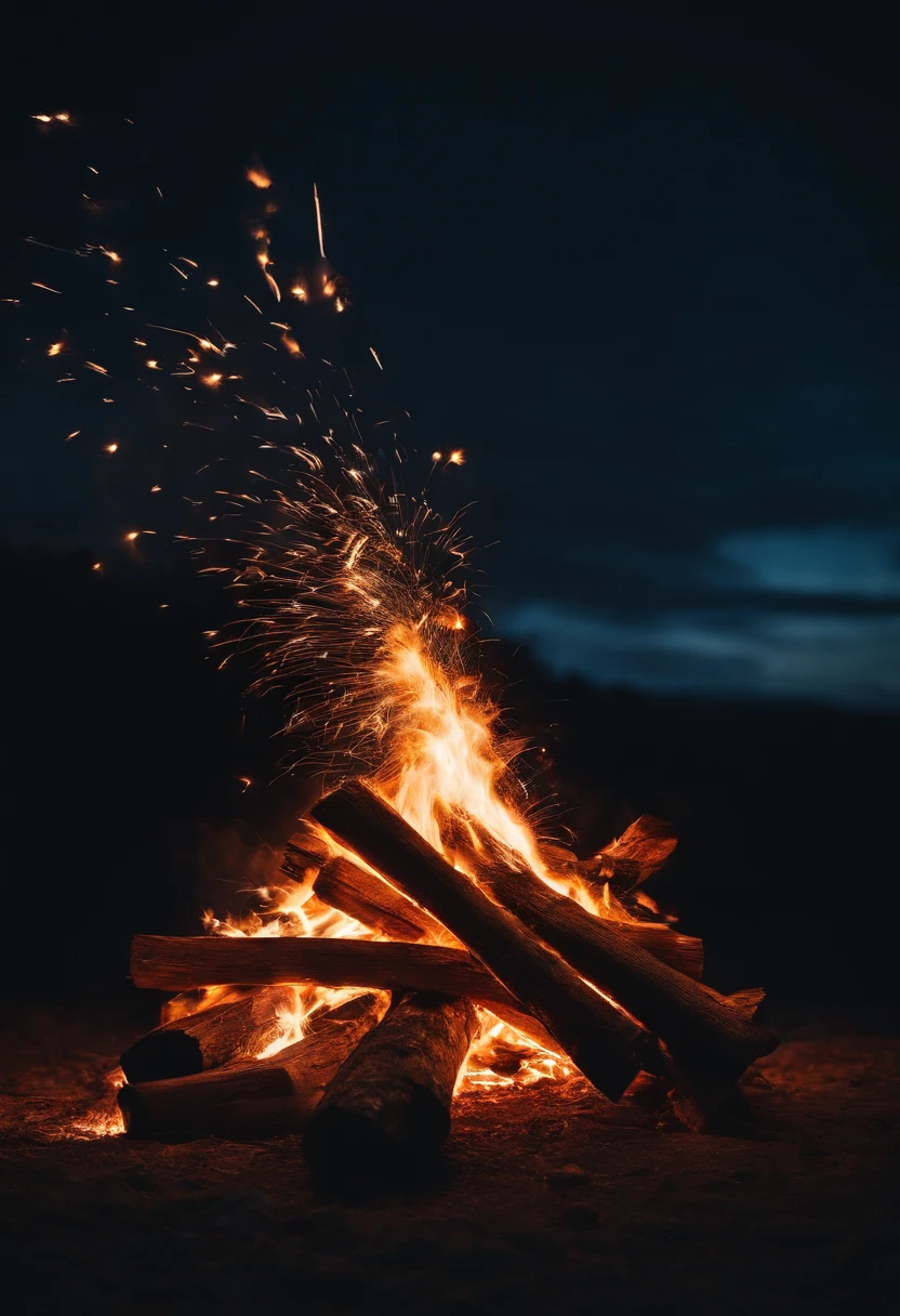 a long-exposure shot of a bonfire, capturing the trails of sparks and the sense of movement and energy within the fire