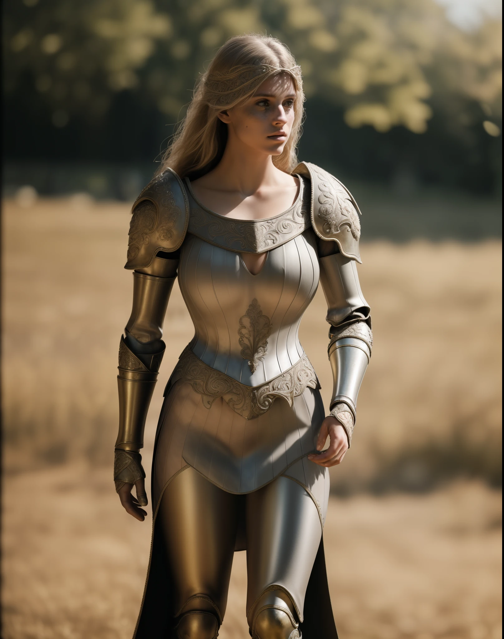 (masterpiece), (extremely intricate:1.3),, (realistic), portrait of a girl, the most beautiful in the world, (medieval armor), metal reflections, upper body, outdoors, intense sunlight, far away castle, professional photograph of a stunning woman detailed, sharp focus, dramatic, award winning, cinematic lighting, octane render, unreal engine, volumetrics dtx, (film grain, bokeh, blurry foreground, blurry background), crest on chest, ((full body))