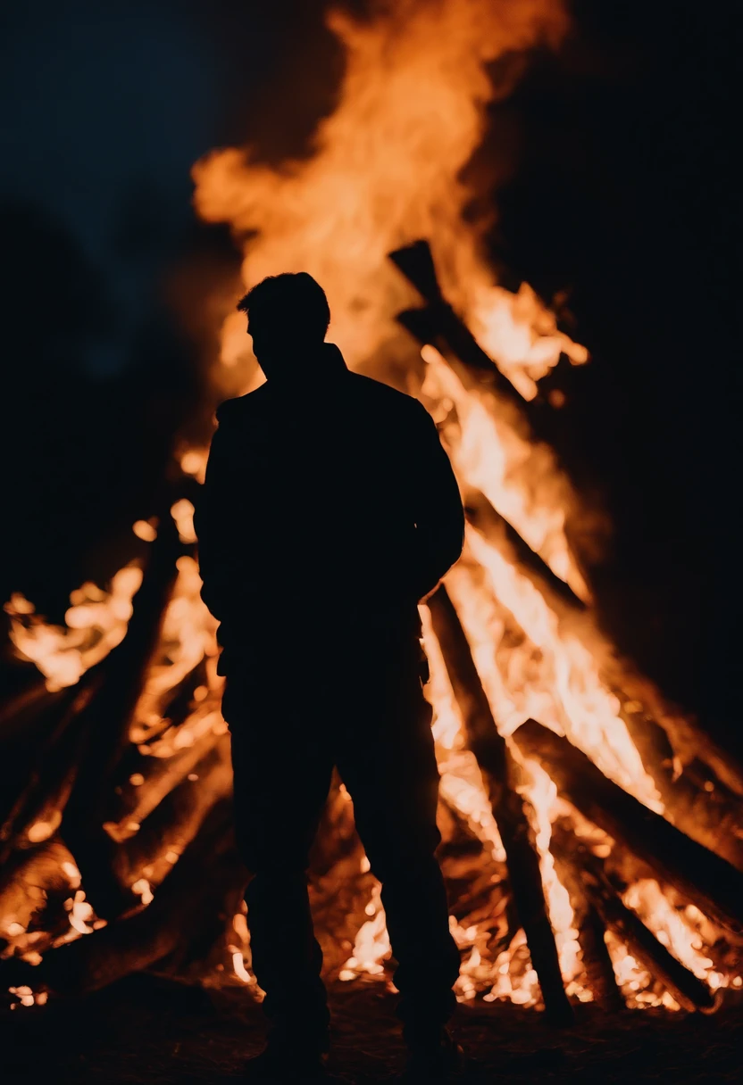a silhouette shot of someone or something against the backdrop of a roaring bonfire, highlighting the contrast between the dark figure and the intense brightness of the fire