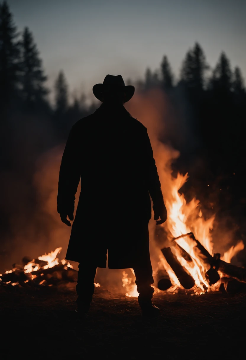 a silhouette shot of someone or something against the backdrop of a roaring bonfire, highlighting the contrast between the dark figure and the intense brightness of the fire