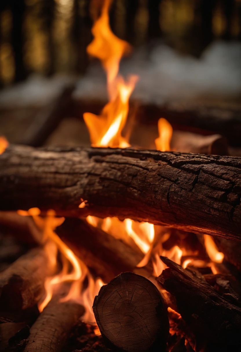 a detail shot of the logs or wood in a bonfire, showcasing the textures, cracks, and the way they glow and transform as they’re consumed by the flames