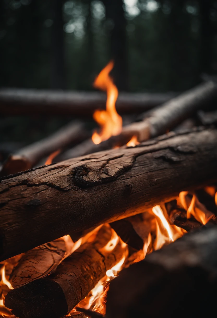 a detail shot of the logs or wood in a bonfire, showcasing the textures, cracks, and the way they glow and transform as they’re consumed by the flames