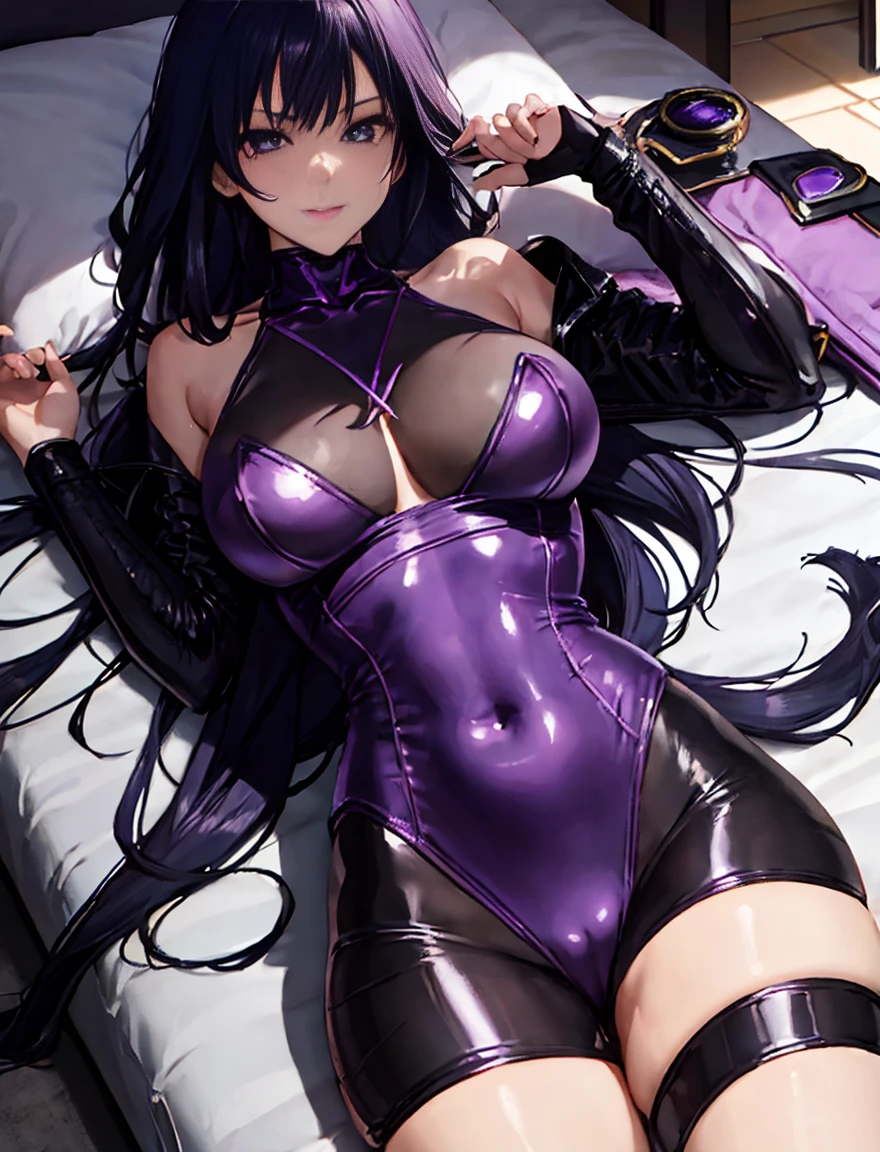 purple leotard、shiny bodysuit、A black-haired one、shortcut、 Robotnik、tall female high school student、smirk、lying down，、emphasize、The figure with protruding crotch  like、Low cost