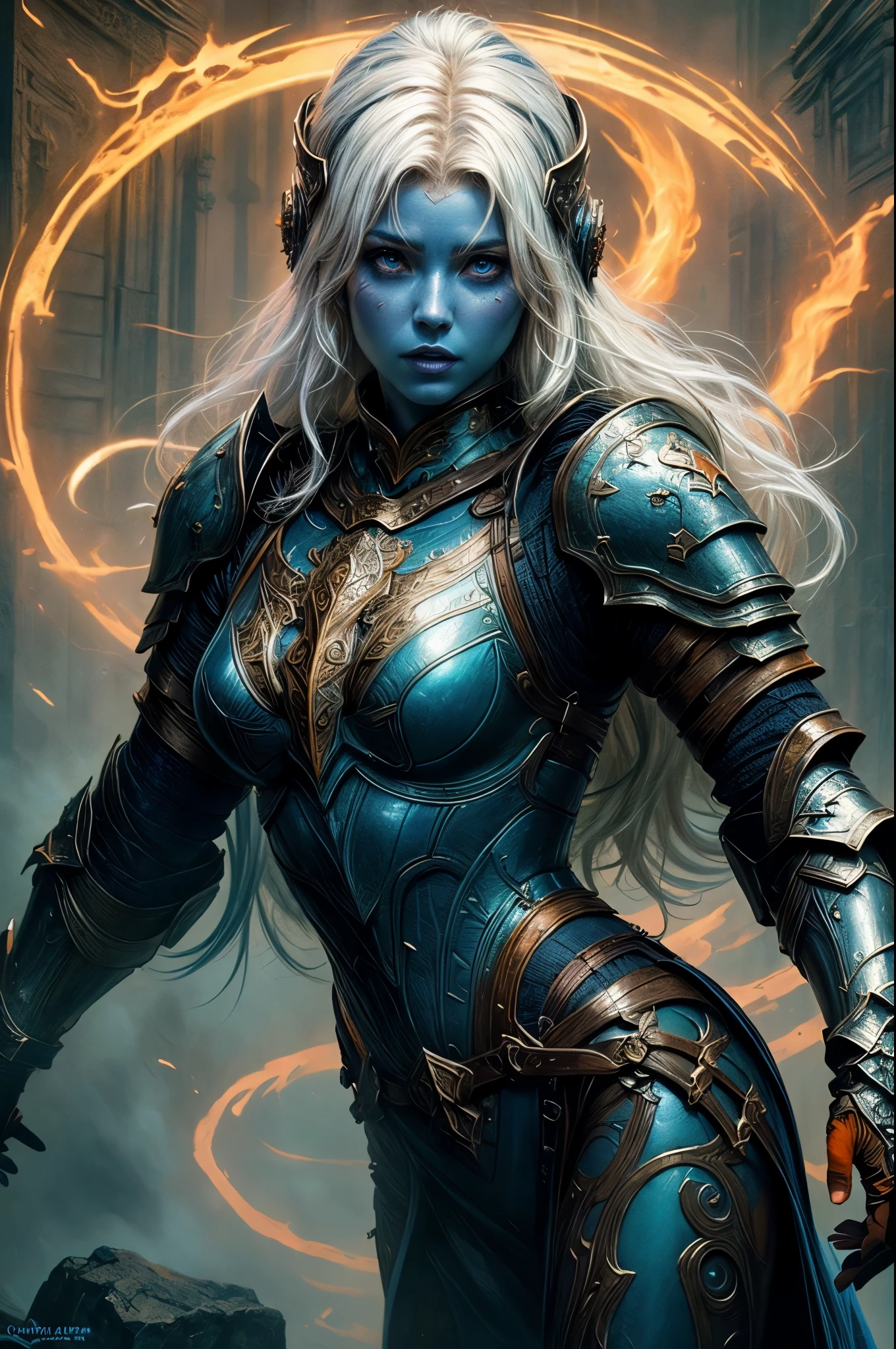 fantasy art, dnd art, RPG art, wide shot, (masterpiece: 1.4) portrait, intense details, highly detailed, photorealistic, best quality, highres, portrait a vedalken female (fantasy art, Masterpiece, best quality: 1.3) ((blue skin: 1.5)), intense details facial details, exquisite beauty, (fantasy art, Masterpiece, best quality) cleric, (blue colored skin: 1.5) 1person blue_skin, blue skinned female, (white hair: 1.3), long hair, intense green eye, fantasy art, Masterpiece, best quality) armed a fiery sword red fire, wearing heavy (white: 1.3) half plate mail armor CM-Beautiful_armor wearing high heeled laced boots, wearing an(orange :1.3) cloak, wearing glowing holy symbol GlowingRunes_yellow, within fantasy temple background, reflection light, high details, best quality, 16k, [ultra detailed], masterpiece, best quality, (extremely detailed), close up, ultra wide shot, photorealistic, RAW, fantasy art, dnd art, fantasy art, realistic art,((best quality)), ((masterpiece)), (detailed), perfect face