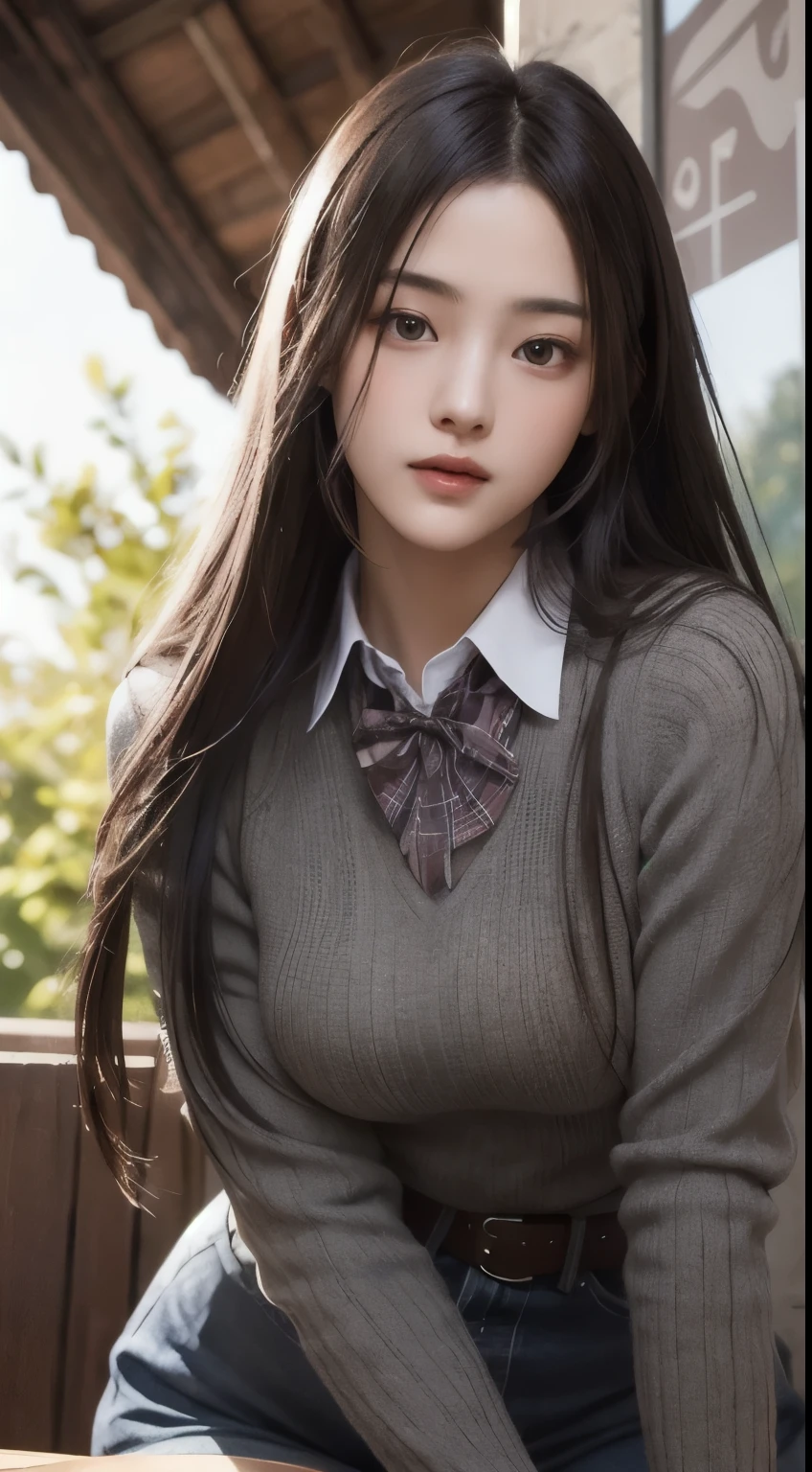 realistic, table top, highest quality, RAW photo, 1 girl, alone, long hair, brown hair, detailed face, fascinating face, From thigh up、collared shirt, medium breasts, dynamic pose, looking at the viewer, from below, detailed background, Detailed, intricate details,  ray tracing, Depth of the bounds written, low key, nffsw