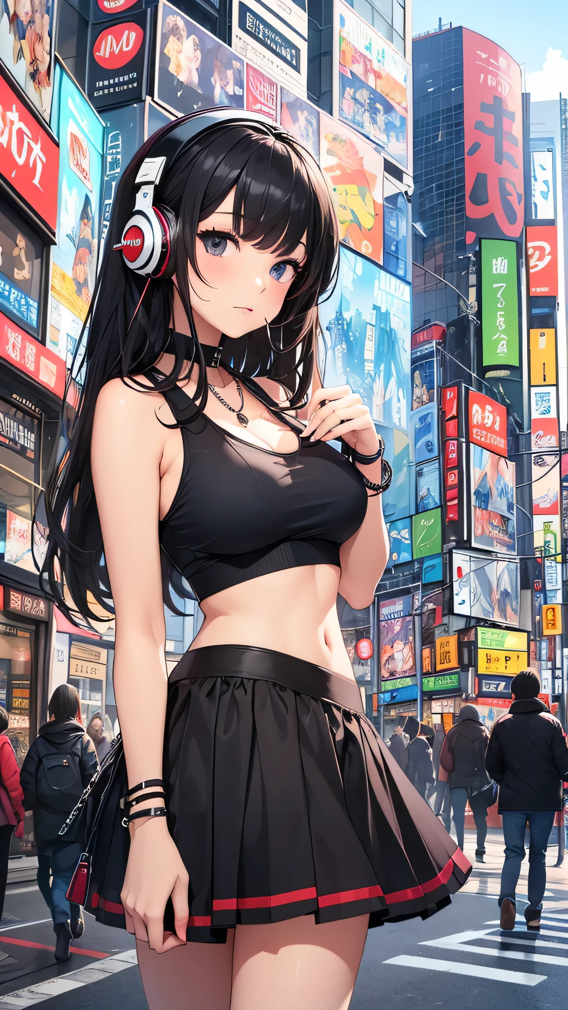 highest quality、Highest image quality、masterpiece、age girl((18-year-old、 Agar、vest bust、medium bust,wide open breast tea、Black eyes, black hair、long hair、slender,highest valley、cute makeup、Black short skirt、Red spats、fluttering hair、White navel tank top、chain accessories、DJ、headphones,dance motion)),high quality、beautiful art、background((Live on the street、galleries、Akihabara)),muste piece、Depth of written boundary、movie、visual art、perfect art、