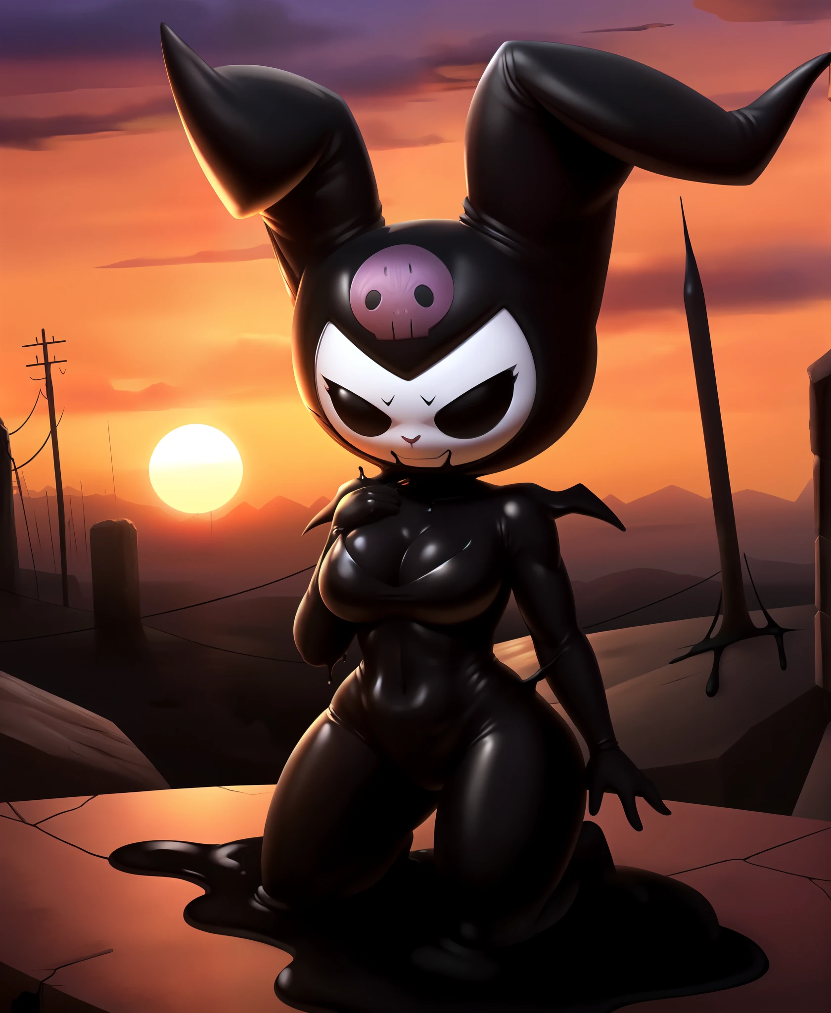 ((kuromi)), (solo), (black suit), (symbiote), (bunny body), (white venom symbol on her chest), (black goo all over her body), (black slime), sunset, post-apocalyptic, masterpiece, 8k HD high definition , detailed, hyper detailed, armature, best quality, ultra high res, high resolution