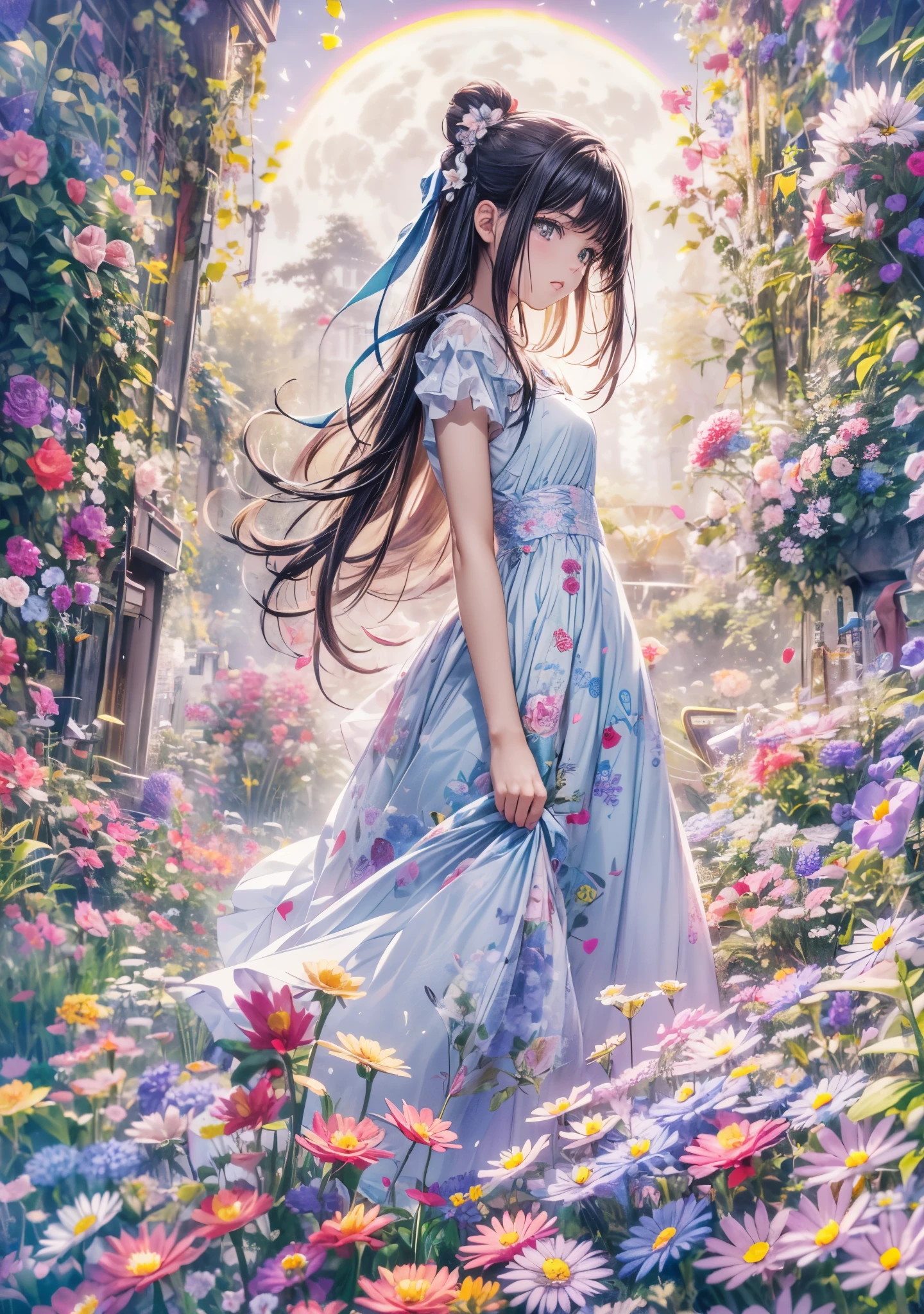 A girl in a blue dress is walking through a garden - SeaArt AI