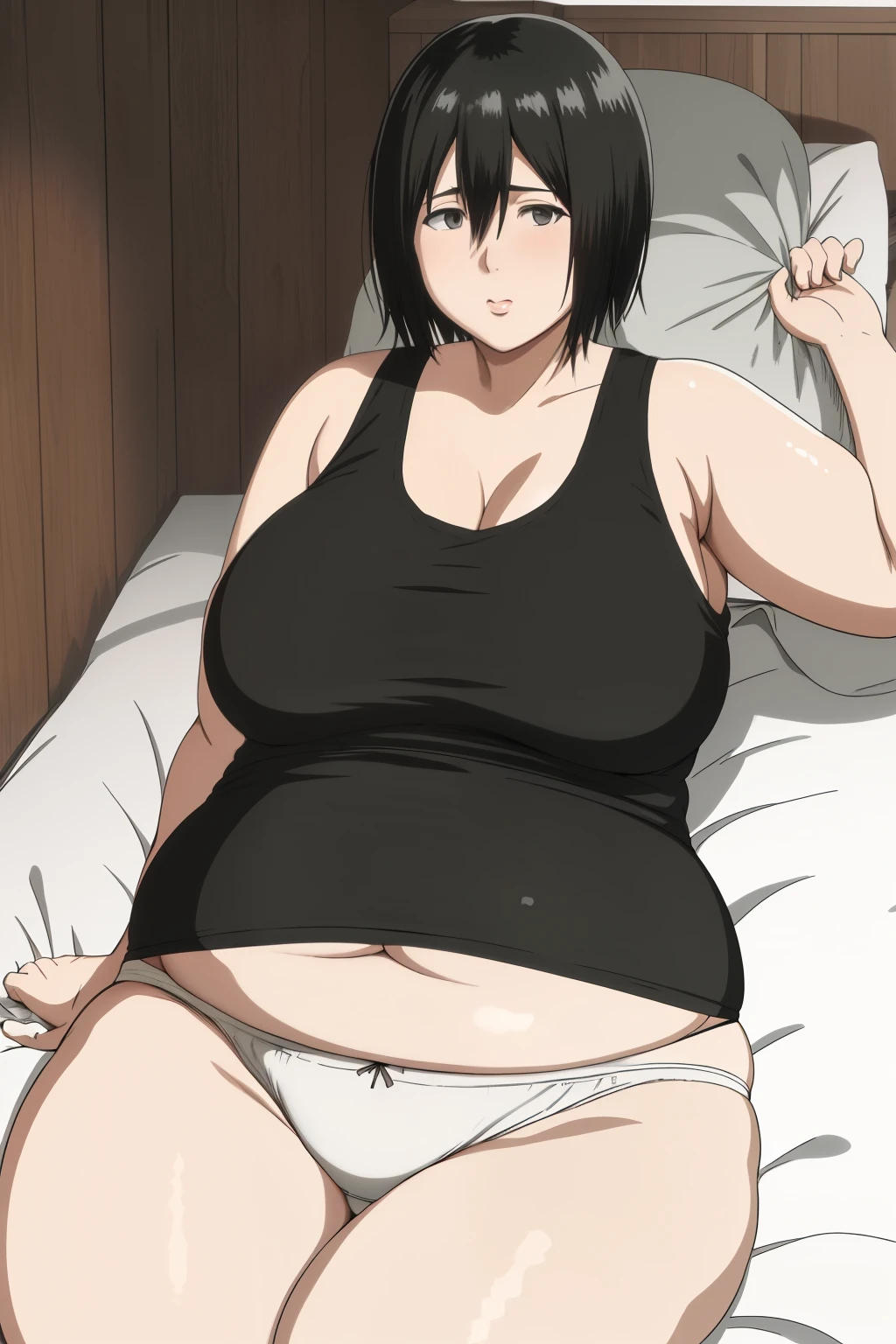 1girl in, Mikasa Ackerman, Black hair, Hair between the eyes, Short hair, Gray eyes, (obesity:1.3), ((fat folds)), ((puffy arms)), (fat rolls, huge belly), Gentle lips, Undersized breasts, masutepiece, Best Quality, Lying on bed, ((Black Tank Top, White panties)),