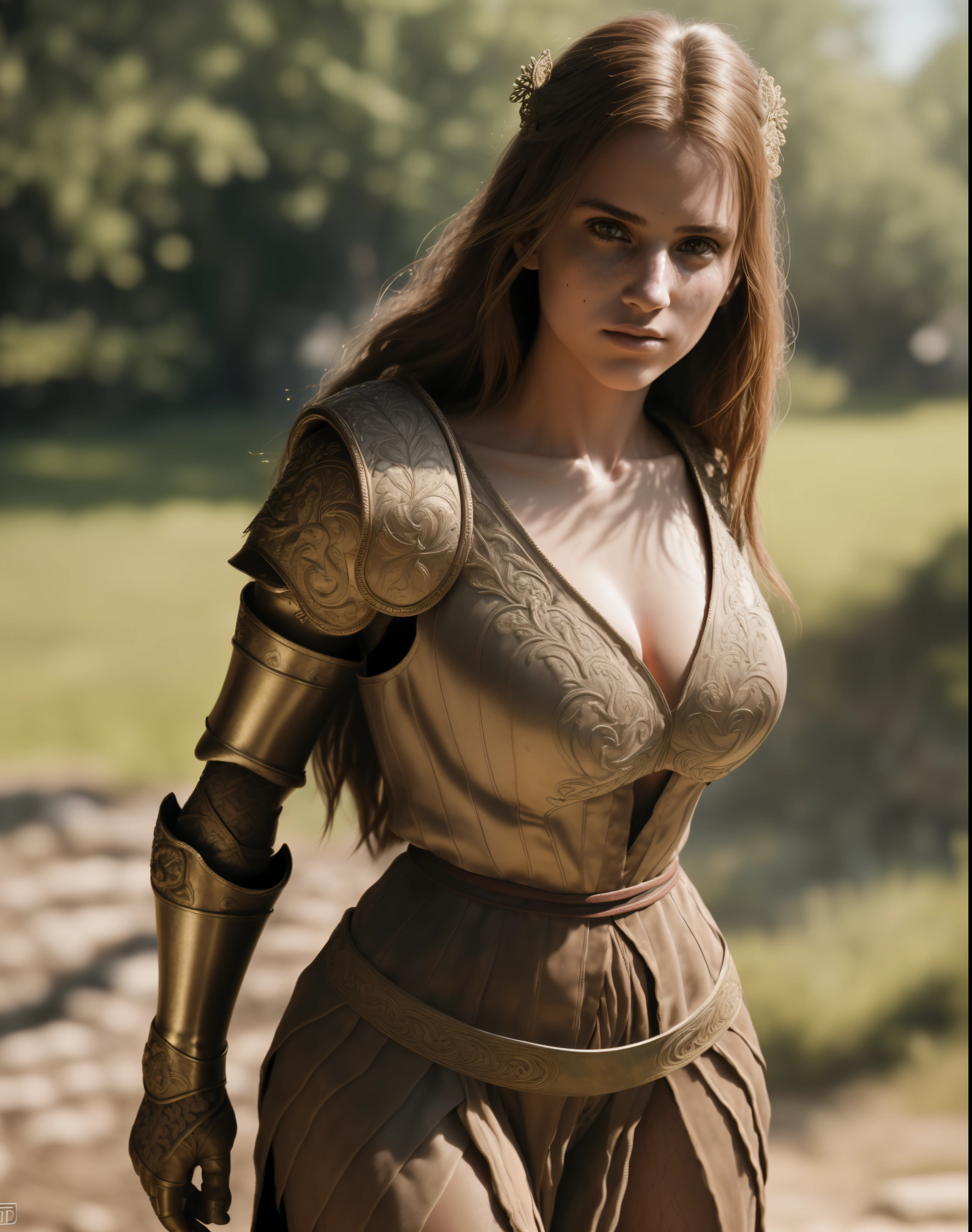 (masterpiece), (extremely intricate:1.3),, (realistic), portrait of a girl, the most beautiful in the world, (medieval armor), metal reflections, upper body, outdoors, intense sunlight, far away castle, professional photograph of a stunning woman detailed, sharp focus, dramatic, award winning, cinematic lighting, octane render, unreal engine, volumetrics dtx, (film grain, bokeh, blurry foreground, blurry background), crest on chest, ((full body))