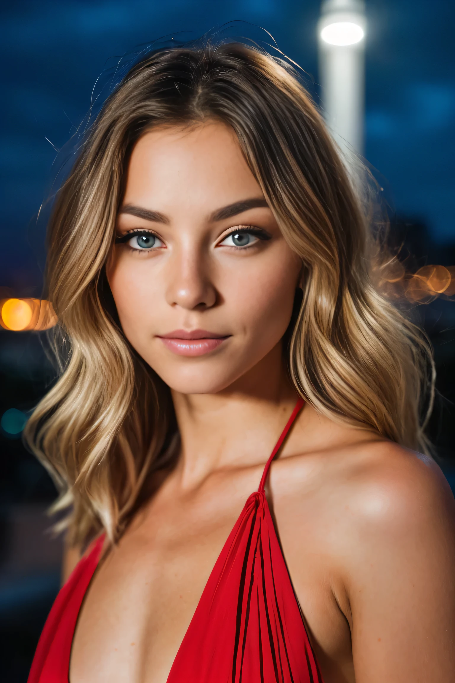 RAW close-up portrait of a 19 years old white girl, long blond hairbl, colossal tists, brown eyes, Best quality, Highly detailed face,, corrugated, (woman with brown eyes) in an apartment, Background in Toronto Ontario, posing in action, Starry night sky, ,natural breasts_c, city night background , (Red summer dress), (neckline), detailed (textures!, Hair!, brightness, color!, imperfections:1.1), highly detailed bright eyes, (Looking at the camera), specular lighting, digital SLR, ultra quality, sharp focus, sharp, DOF, film grain, (center), Fujifilm XT3, crystal clear, center of frame, Cute face, sharp focus, Light pole, neon lights, Bokeh, (dimly lit), discreet, At night, (night sky)