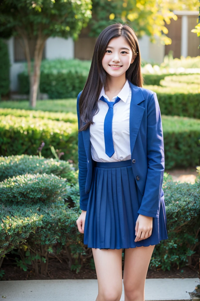 highest quality、masterpiece、High resolution、4K、real 18 year old woman、Dark blue blazer、pleated mini skirt、garden、smile、high school girl、medium long hair、1 girl、