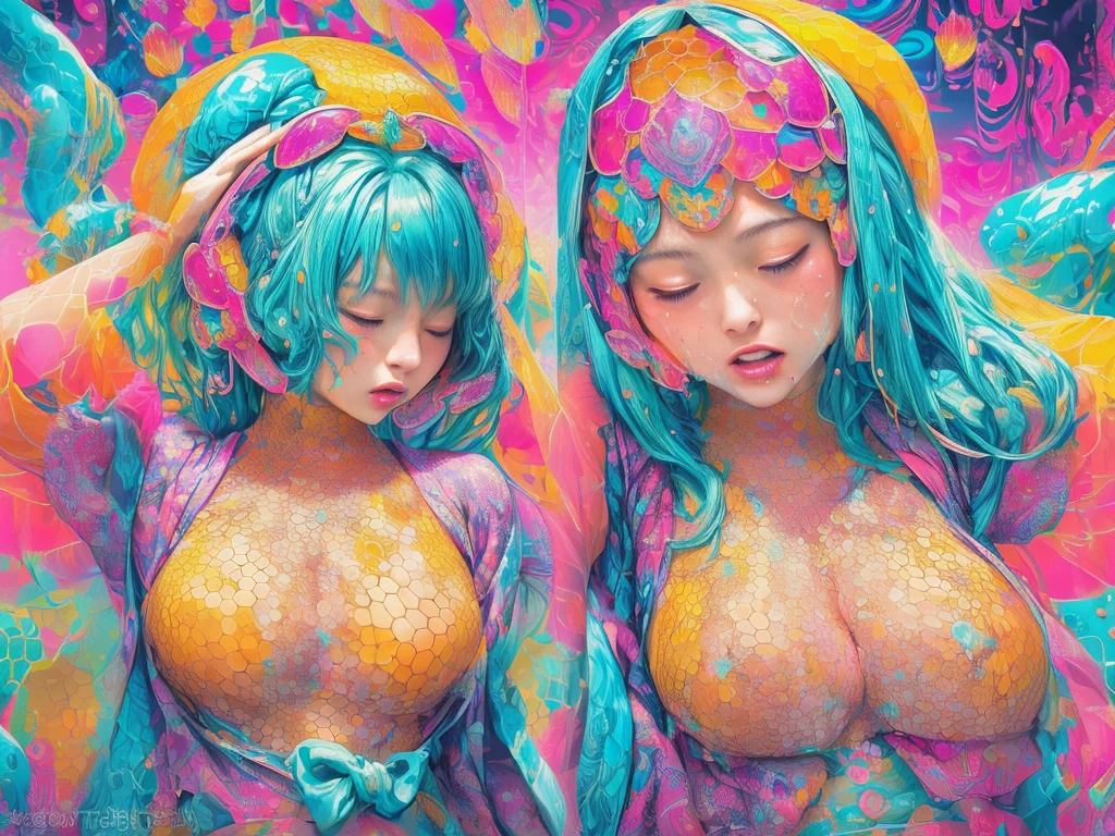 masterpiece,best quality,1girl,closed eyes,upper body,splashing,abstract,psychedelic,neon,(honeycomb pattern),