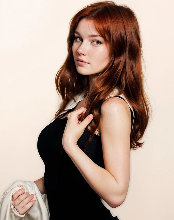 Mary Jane Watson a professional model, looking and posing for the camera while holding her white jacket.