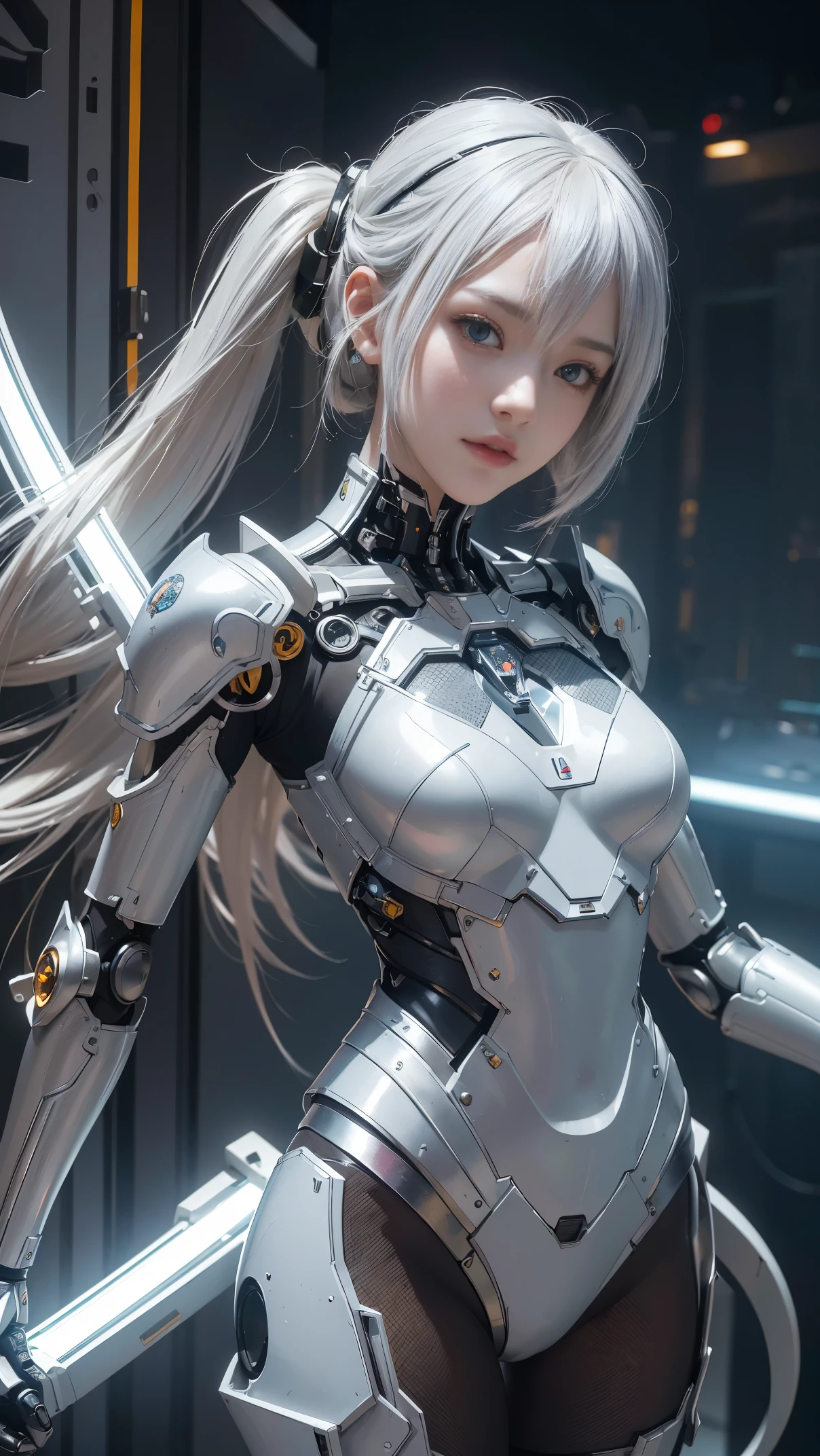 (high resolucion, 4k, Masterpiece:1.2),((Ultra-detailed:1.2)),(realisitic,Realistis:1.37),Girl robot married in Japan,mechanical limb,Mechanical trunk,Made of shiny white and silver translucent glass and plastic, robot armor dresses, Joyful expressions, , there a woman that taking a picture of herself, a hologram inspired by Leng Mei, trending on cg society, interactive art, cosplayer, trending at cgstation, anime convention, anime , holding a pair of fans. unreal 5, anime style mixed with fujifilm, exposed metal skeleton, professional , girl in mecha cyber armor, hot topic anime convention, (random pose、dynamicposes,:1.2)