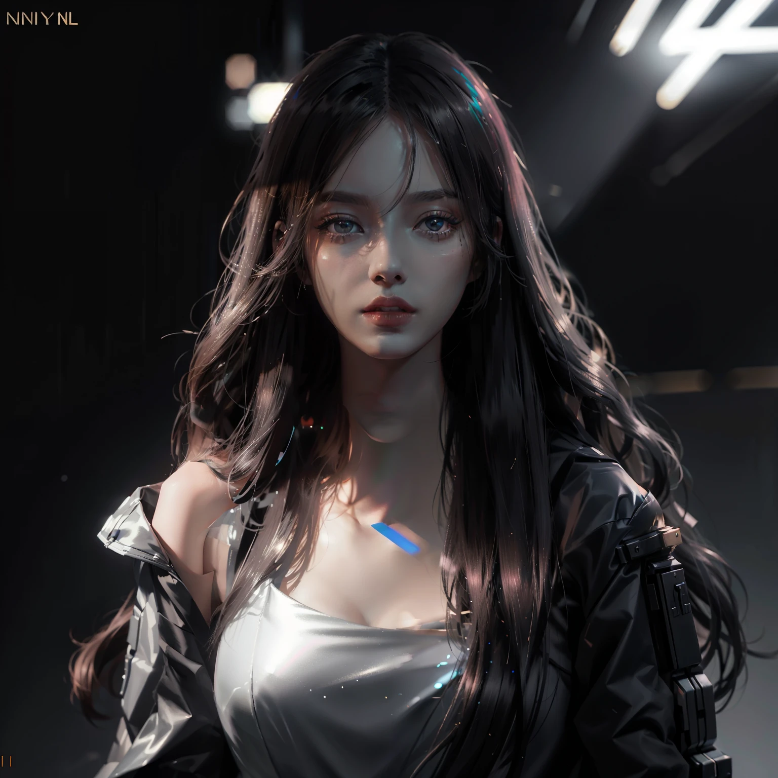 cyberpunk, Female 1, women suit, Looking straight ahead, ID photo, korean, long hair, Straight hair, Black suit, portrait, seductive breasts, cleavage, ultra high definition, Brilliant colors, 사실적 표현, 정 자, determined, bangs, mole under eye, high detail, depth of field, chromatic aberration, sparkle, ray tracing, first-person view, pov, viewfinder, cinematic lighting, Canon, Sony FE GM, lens flare, 8K, UHD, super detail, high details, best quality, award winning, super detail, 8k, textured skin, anatomically correct