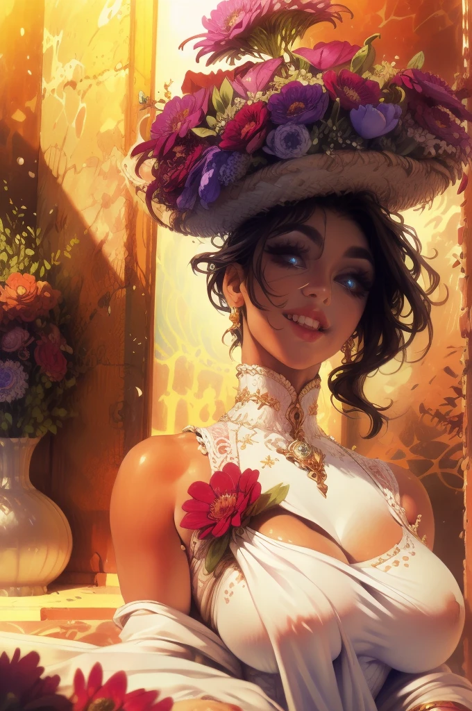 (highres, realistic:1.37), beautiful detailed eyes, beautiful detailed lips, longeyelashes, curvy figure, confident smile, elegant pose, vibrant colors, regency era, by norman lindsay, bokeh, oil painting style, soft lighting, romantic setting, blooming flowers, flowing dress, graceful movement, delicate features, alluring gaze