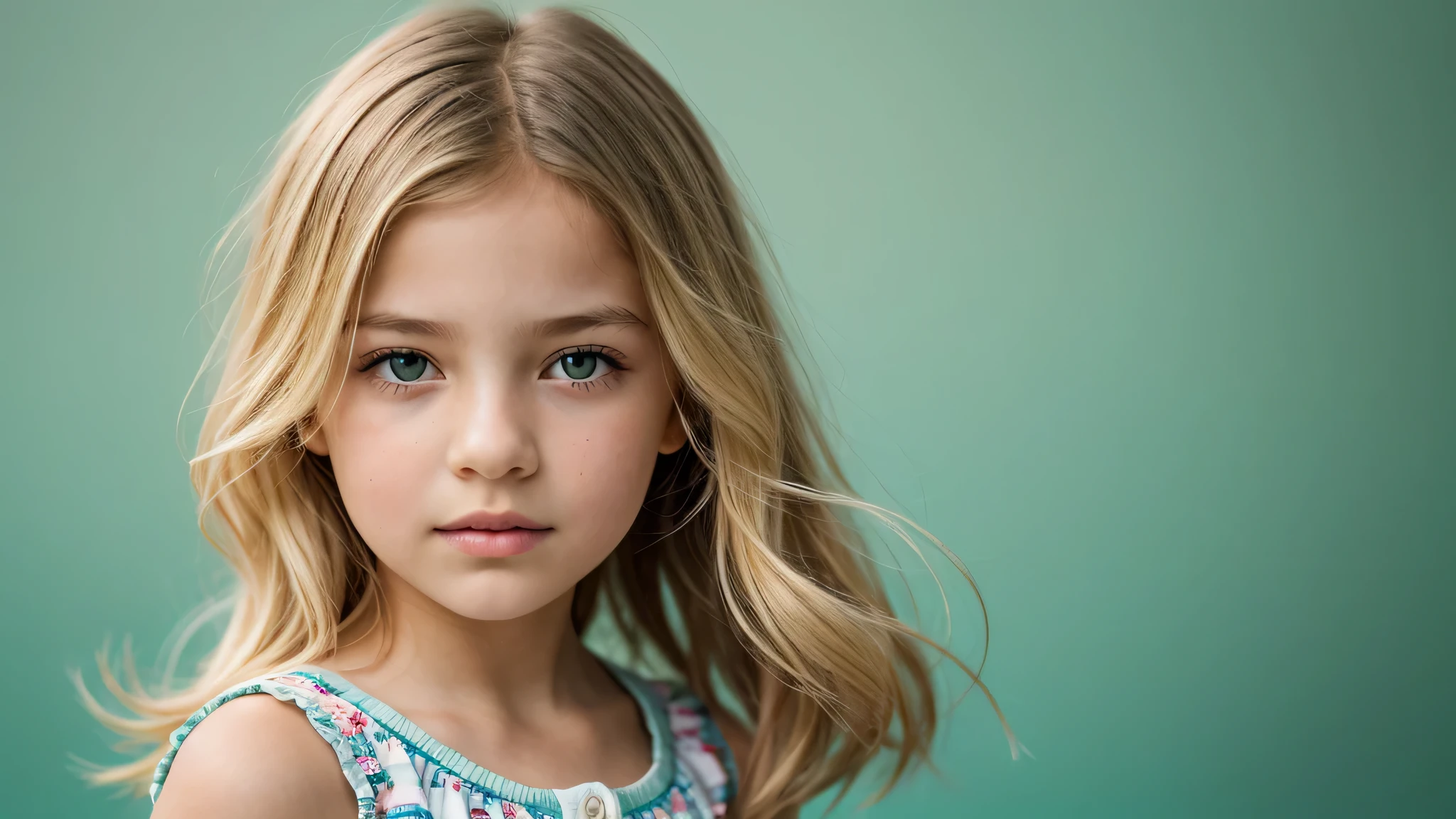 child girl 12 year-old blonde girl, com franja no cabelo. green background.