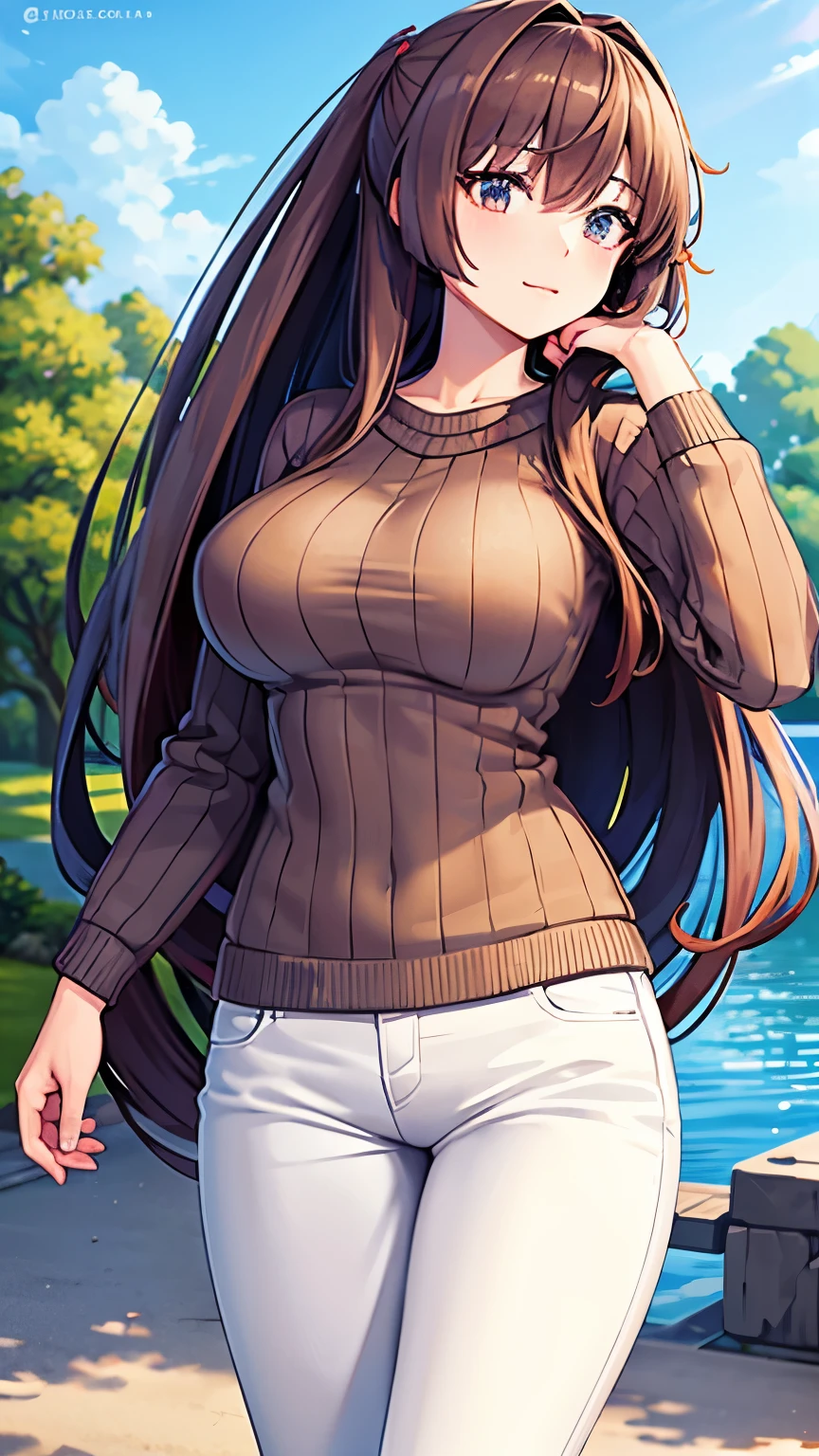 (masterpiece)), ((highest quality)), (super detailed), ((cute)), quavery), ((very detailed)), 4k, (8k), highest quality, (beautiful),(((world class quality))), very detailed, High resolution, (detailed shaded pretty face), whole body, teenager, alone, ((huge breasts)), (((saggy breasts))), spring_costume, (brown sweater), (sweater), (ribbed_sweater), (length_dispel), (white_pants),